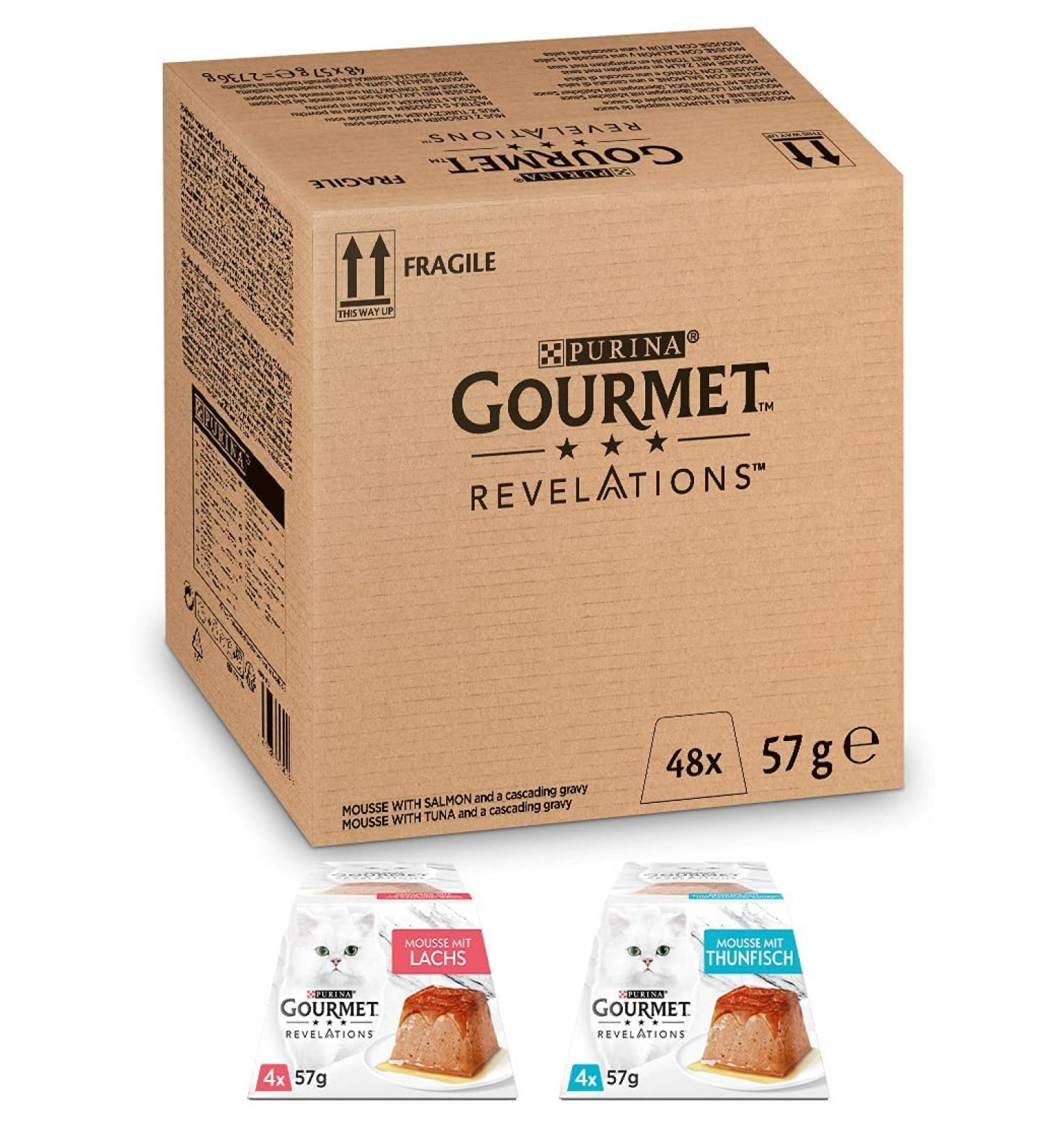 Buy Purina Gourmet Revelations Mousse Cat Food Salmon & Tuna in Sauce 48 Pack (57g Each) | International Shipping Available - Buy Online on GoSupps.com