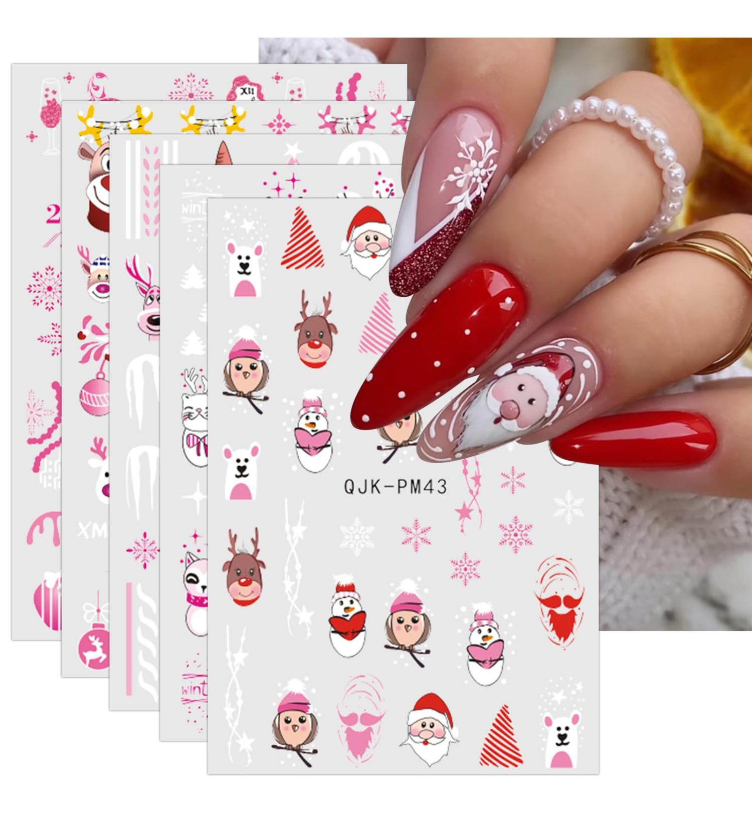 JMEOWIO 10 Sheets Christmas Pink Nail Art Stickers Decals Self-Adhesive Snowflake Winter Holiday Cute Santa Elk Snowman Nail Supplies Nail Art Design Decoration Accessories - Buy Online on GoSupps.com