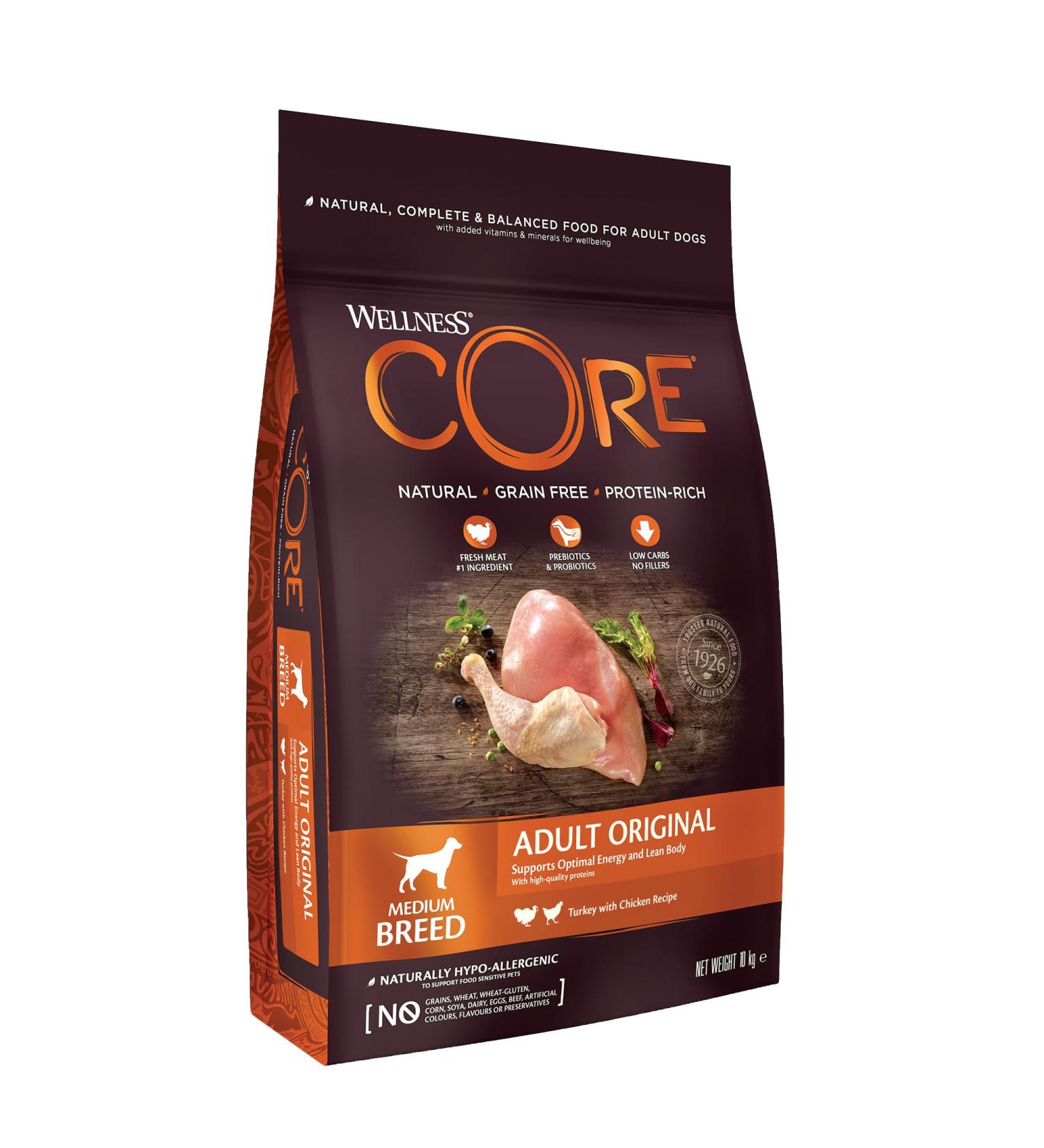 Wellness CORE Adult Original 10kg Chicken & Turkey Dry Dog Food for Medium Breed Dogs All-Natural Grain-Free High Meat Content Protein-Rich No Added Sugar Original - Chicken & Turkey 10 kg (Pack of 1) - Buy Online on GoSupps.com
