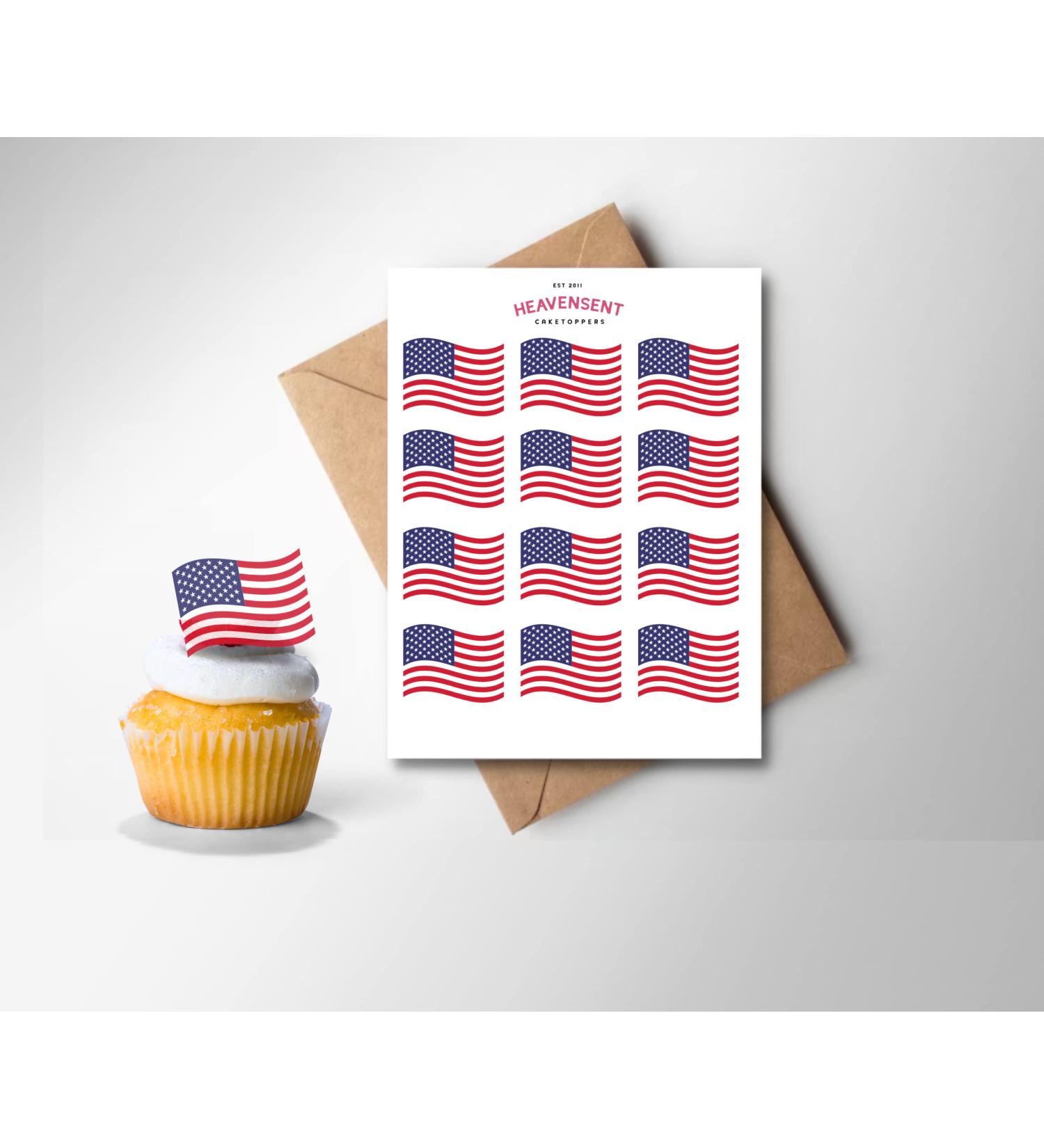 20x Pre-cut USA America US Flags Edible Thick Wafer Card Standing Cupcake Toppers Birthday Party Cake Decorations
