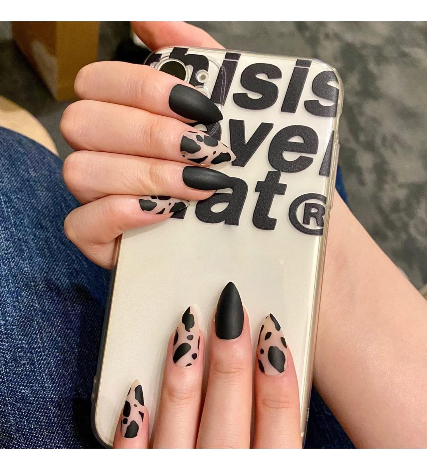 24Pcs Medium Tip Matte Black Frosting Leopard False Nails - Short Press Full Cover Fake Nails for Women and Girls - Buy Online on GoSupps.com