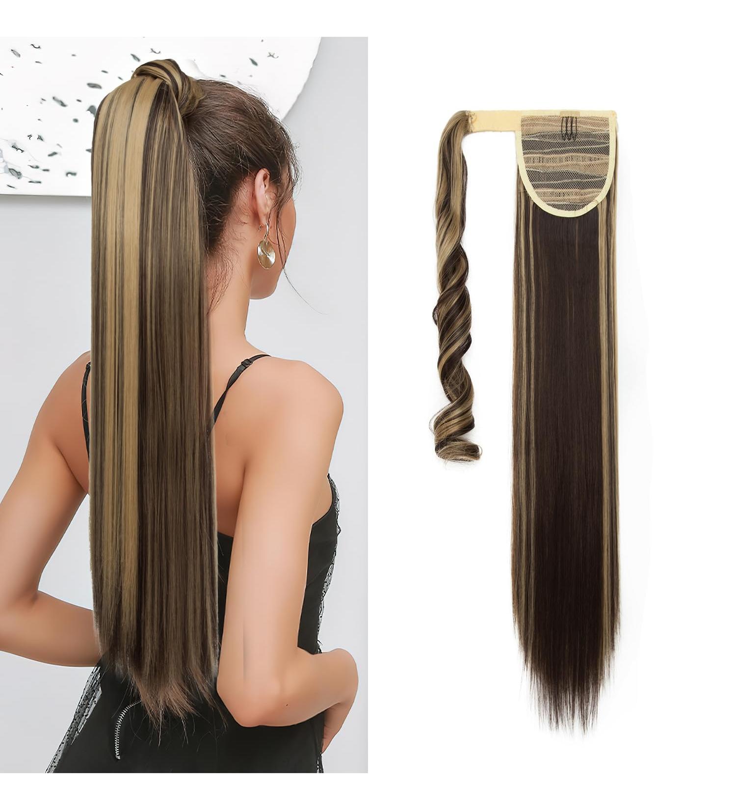 S-noilite Trendy 23 Inch Straight Wrap Around Ponytail Clip in Hair Extension - Dark Brown & Ash Blonde - Buy Online on GoSupps.com