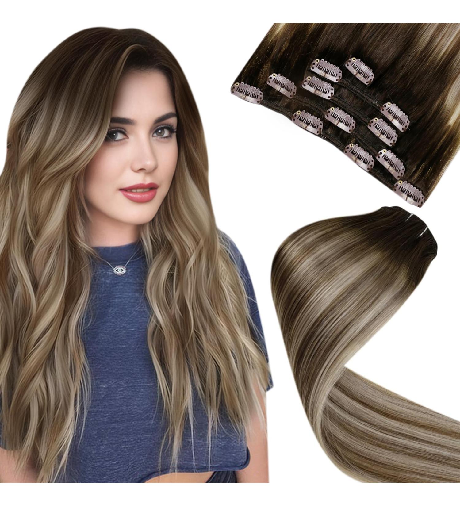 Shop Laavoo Ombre Clip-In Extensions - Real Remy Human Hair Brown Balayage 5 Pieces 70g 45cm - Dark Brown & Medium Brown Shades - Buy Online on GoSupps.com