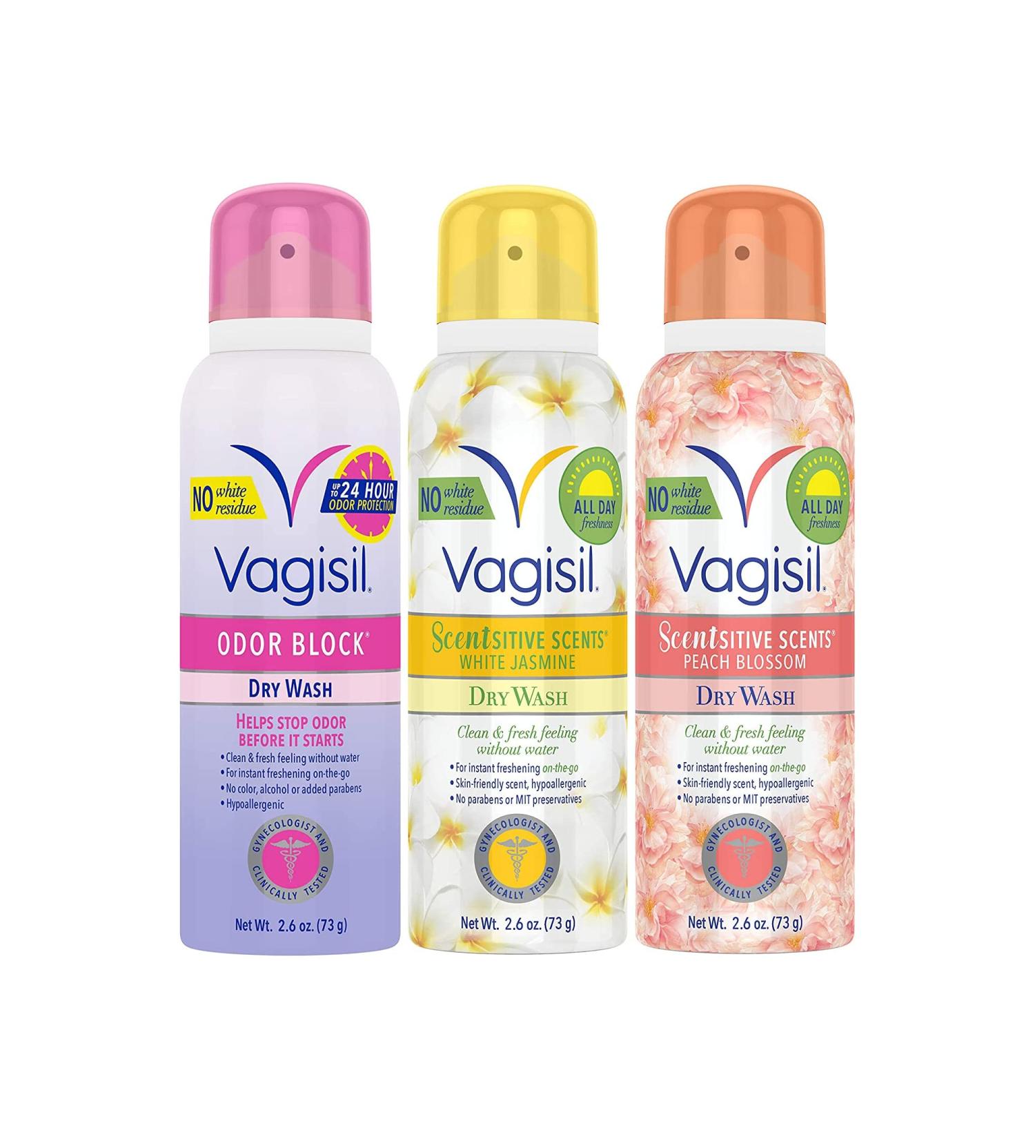 Vagisil Feminine Dry Wash Deodorant Spray 3 Scent Bundle - White Jasmine Peach Blossom - 2.6 oz (Pack of 3) - Buy Online on GoSupps.com
