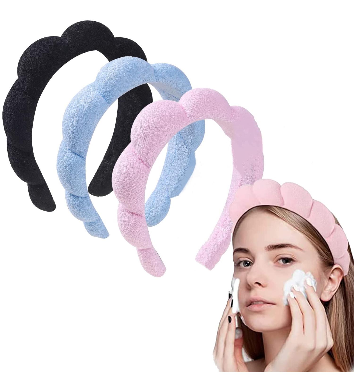 CEVILIA 3pcs Puffy Spa Headband Set for Women - Sponge Terry Towel Fabric Hair Band for Face Washing & Makeup (Black+Blue+Pink) - Buy Online on GoSupps.com
