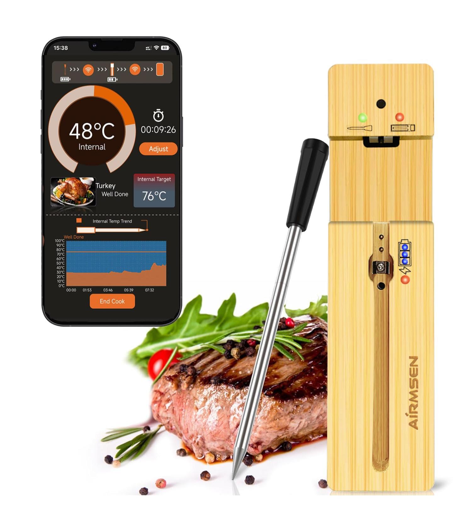 Airmsen Wireless Meat Thermometer - 110m Bluetooth Digital BBQ Grill Thermometer with IPX7 | Perfect Oven & Kitchen Cooking App for Meat Lovers - Buy Online on GoSupps.com