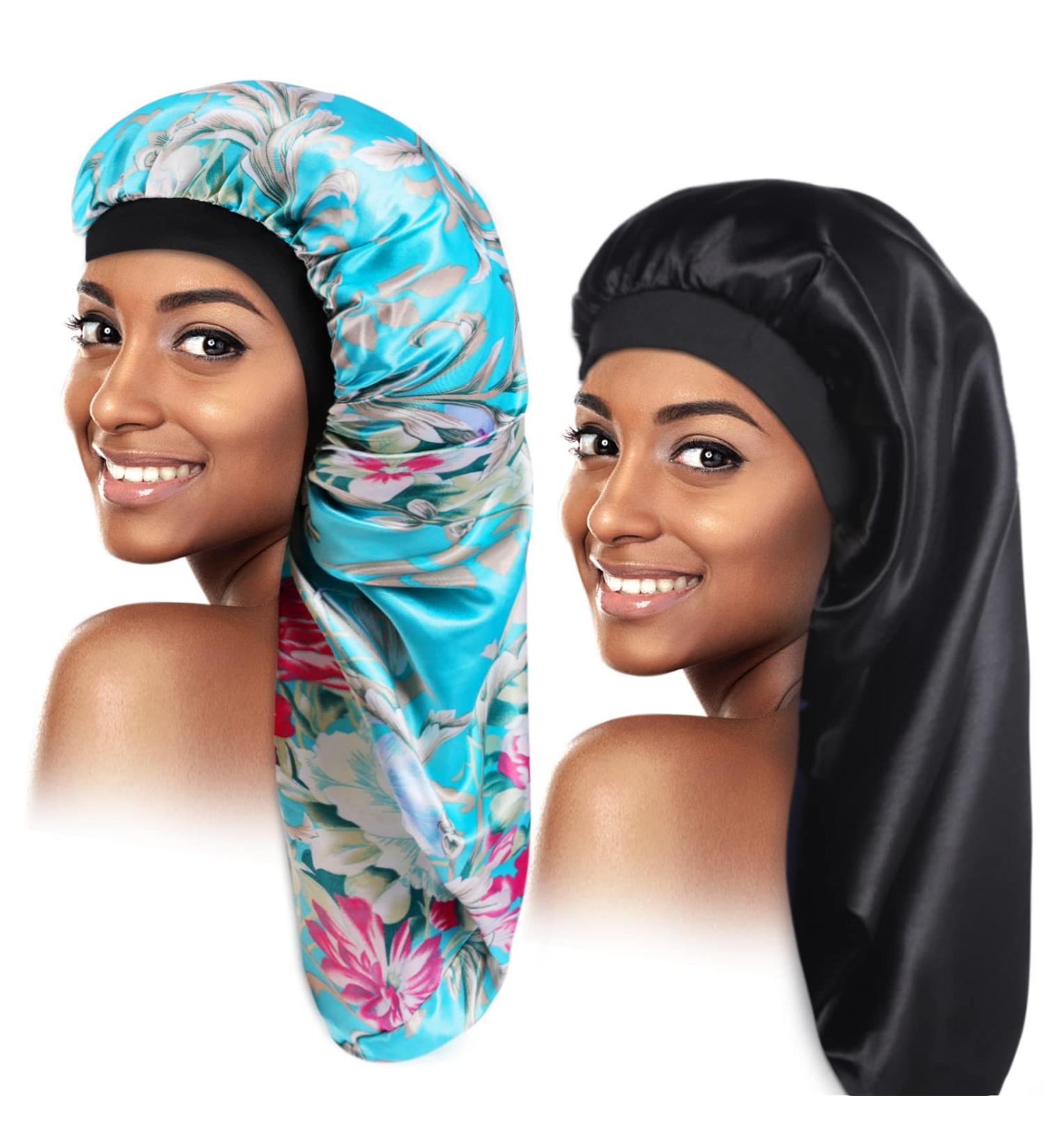 Satin Bonnet Sleep Cap Set for Black Women - 2 Pcs Silk Bonnets for Curly Hair, Braids, Dreadlocks - Soft Elastic Band, Satin Material - Black+Blue Flower Design - Buy Online on GoSupps.com