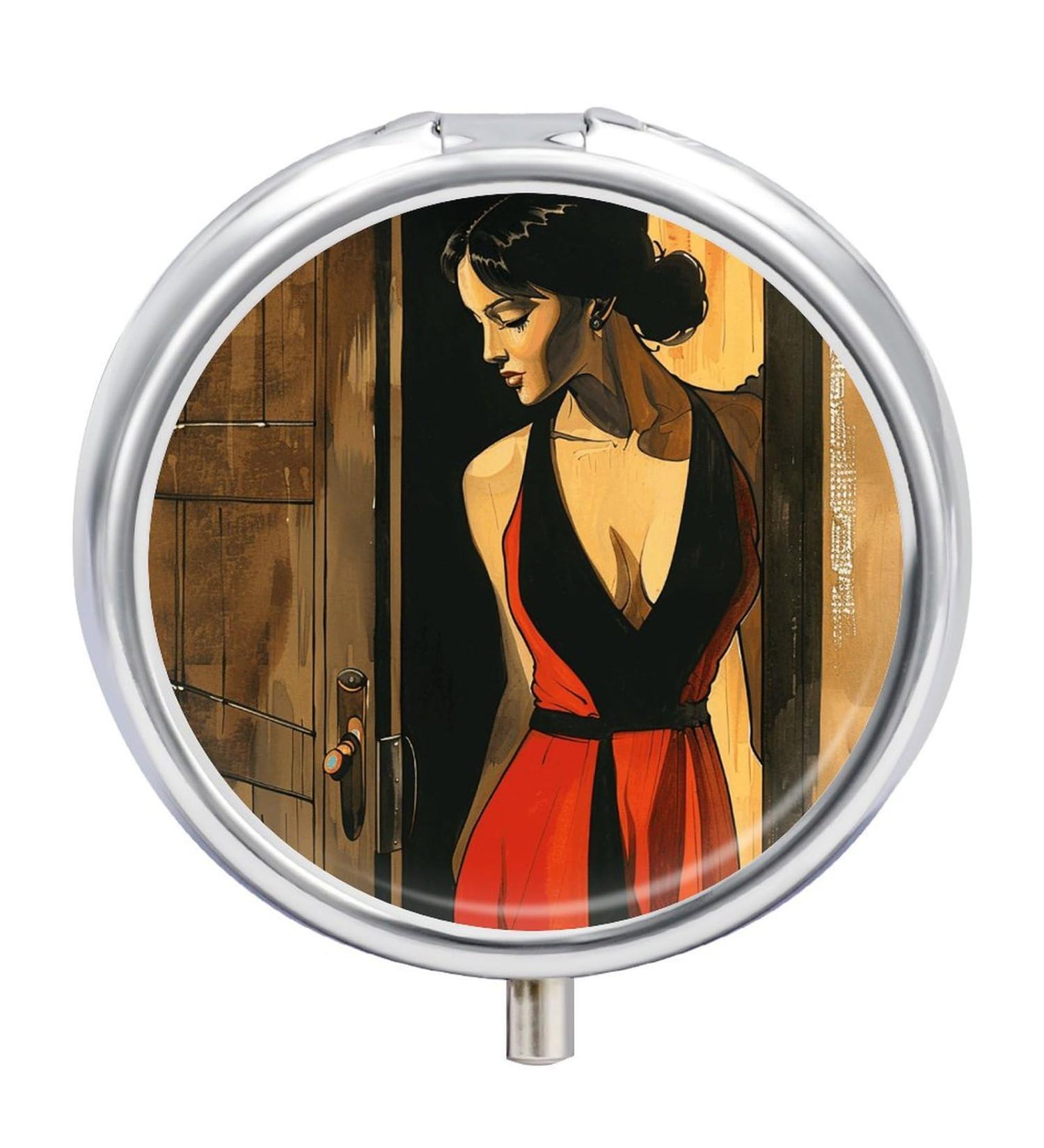 Decorative Round Pill Box - Red Dress Print 3 Compartment Metal Organizer Portable Pocket Medicine Case - Buy Online on GoSupps.com