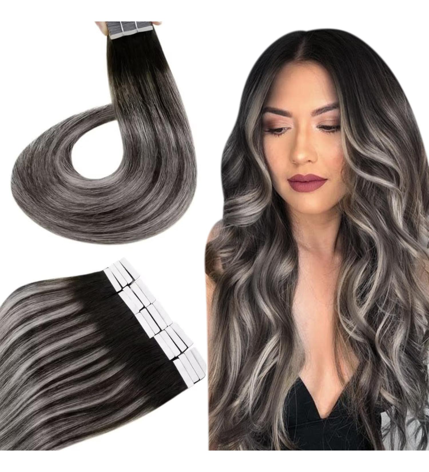 Buy Hetto Tape Extensions | Real Hair Black Silver Invisible Tape | 35cm 50g Balayage #1b/Silver #1b - Buy Online on GoSupps.com