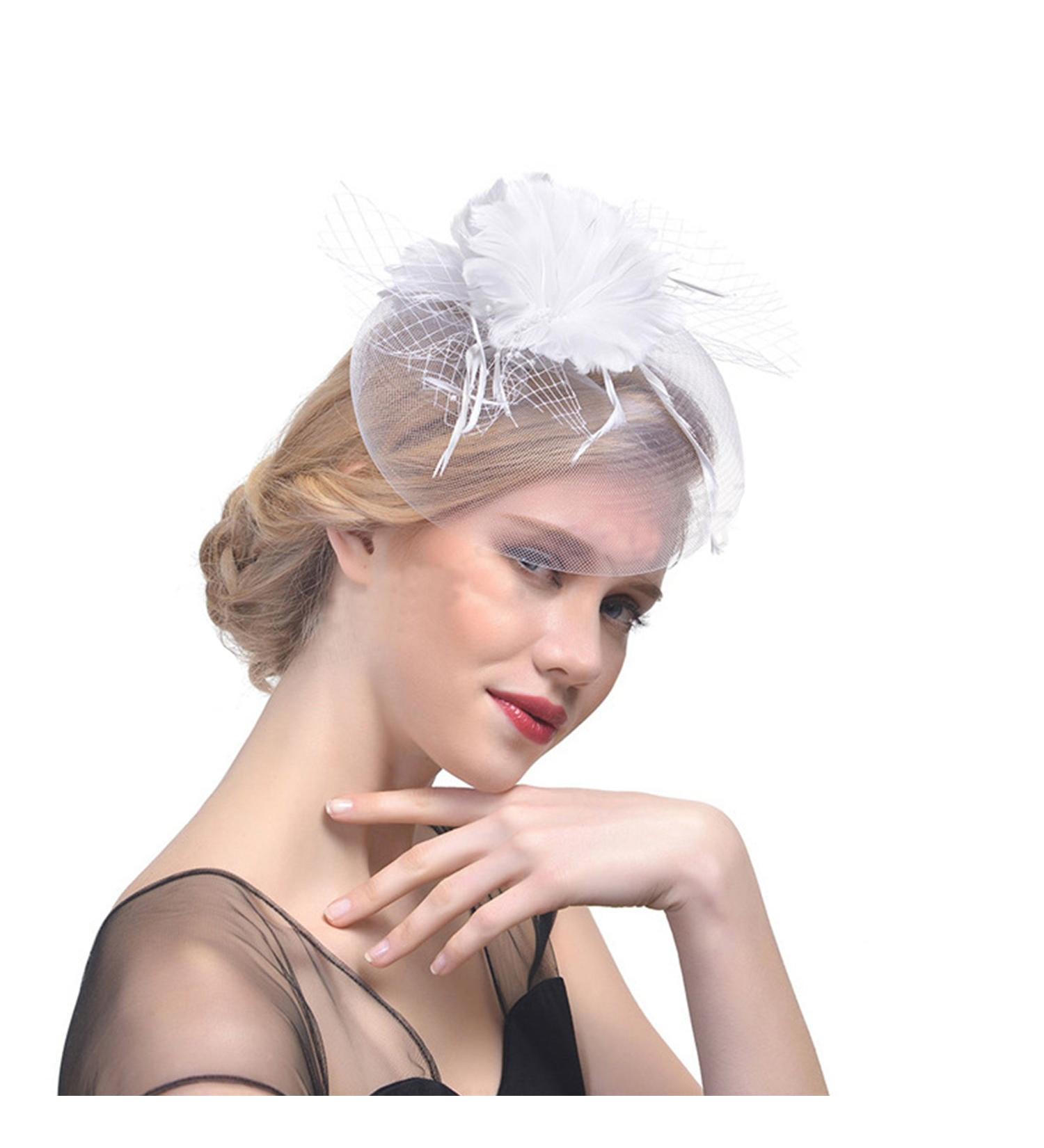 Jintn Ladies Spring Fascinator Hat with Hair Clip - Elegant Party Headwear & Wedding Accessories - White Mesh Flower Headband - Buy Online on GoSupps.com
