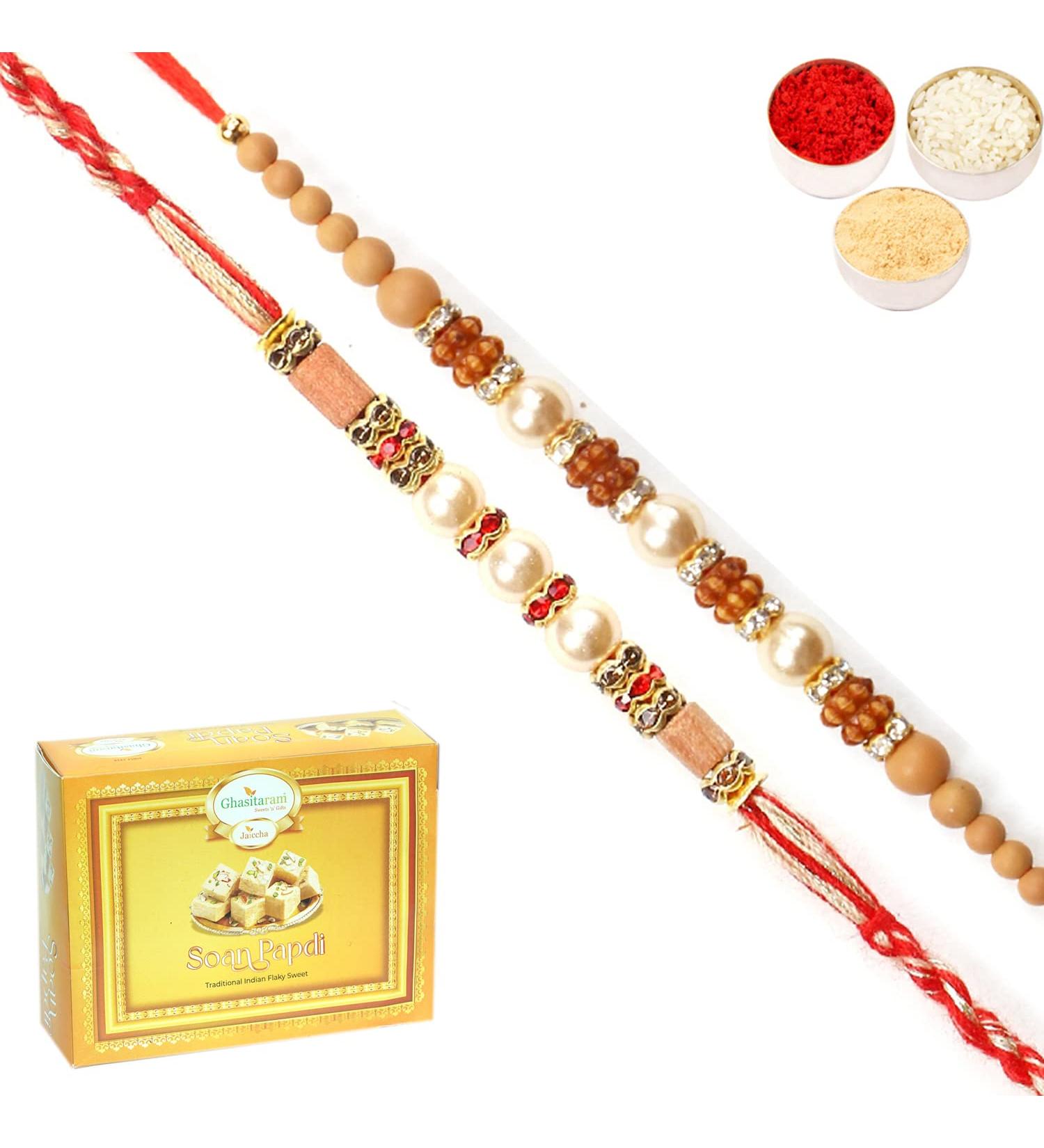 Ghasitaram Gifts Rakhi for Brother Rakhis Online - Set of 2 6299 6340 Pearl Rakhis with 200 GMS of Soan Papdi - Buy Online on GoSupps.com