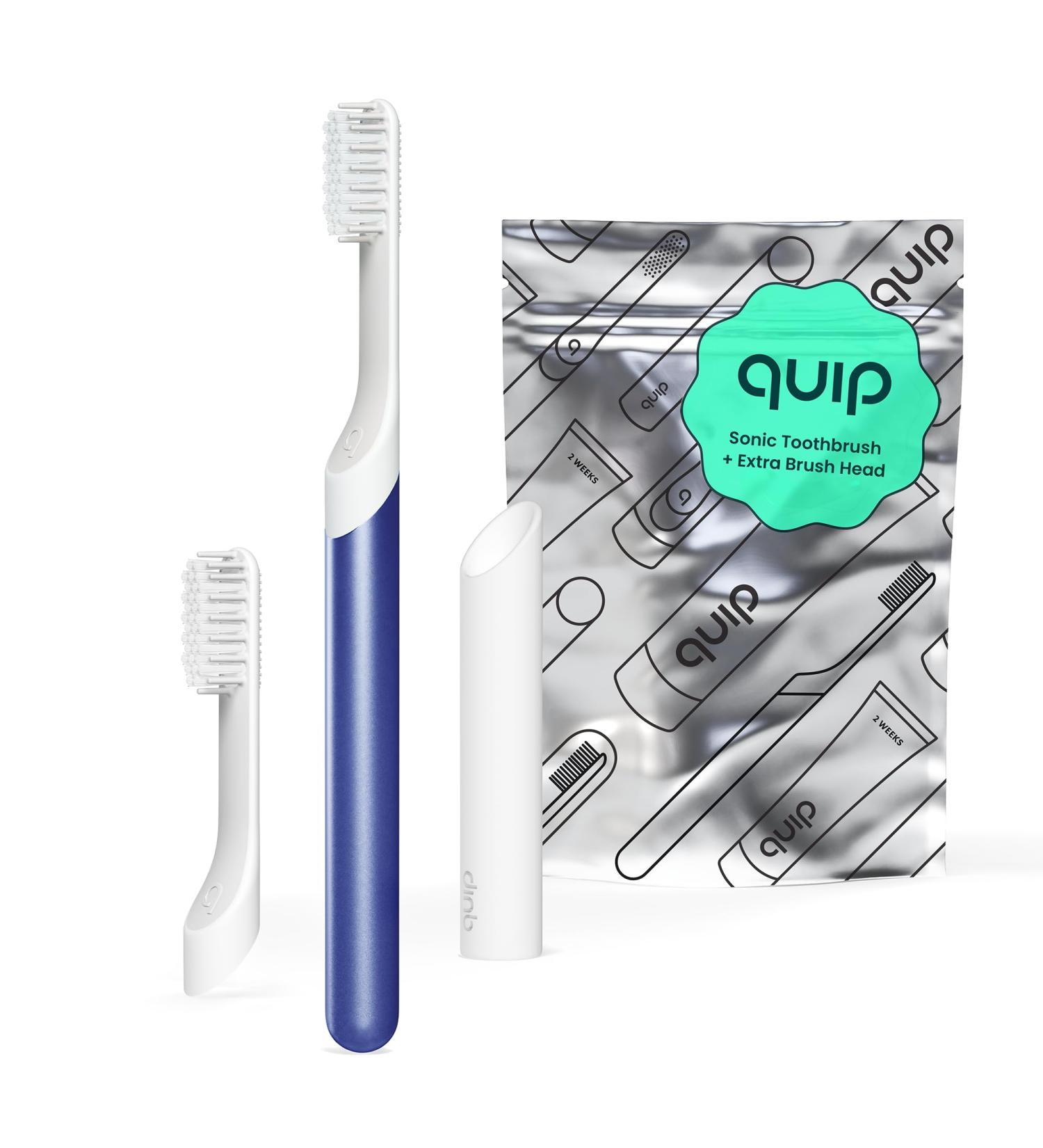 Quip Sonic Toothbrush for Adults - Electric with Timer Extra Brush Head & Travel Cover - Indigo Soft Bristle Toothbrush with 3 Month Battery Life - Buy Online on GoSupps.com
