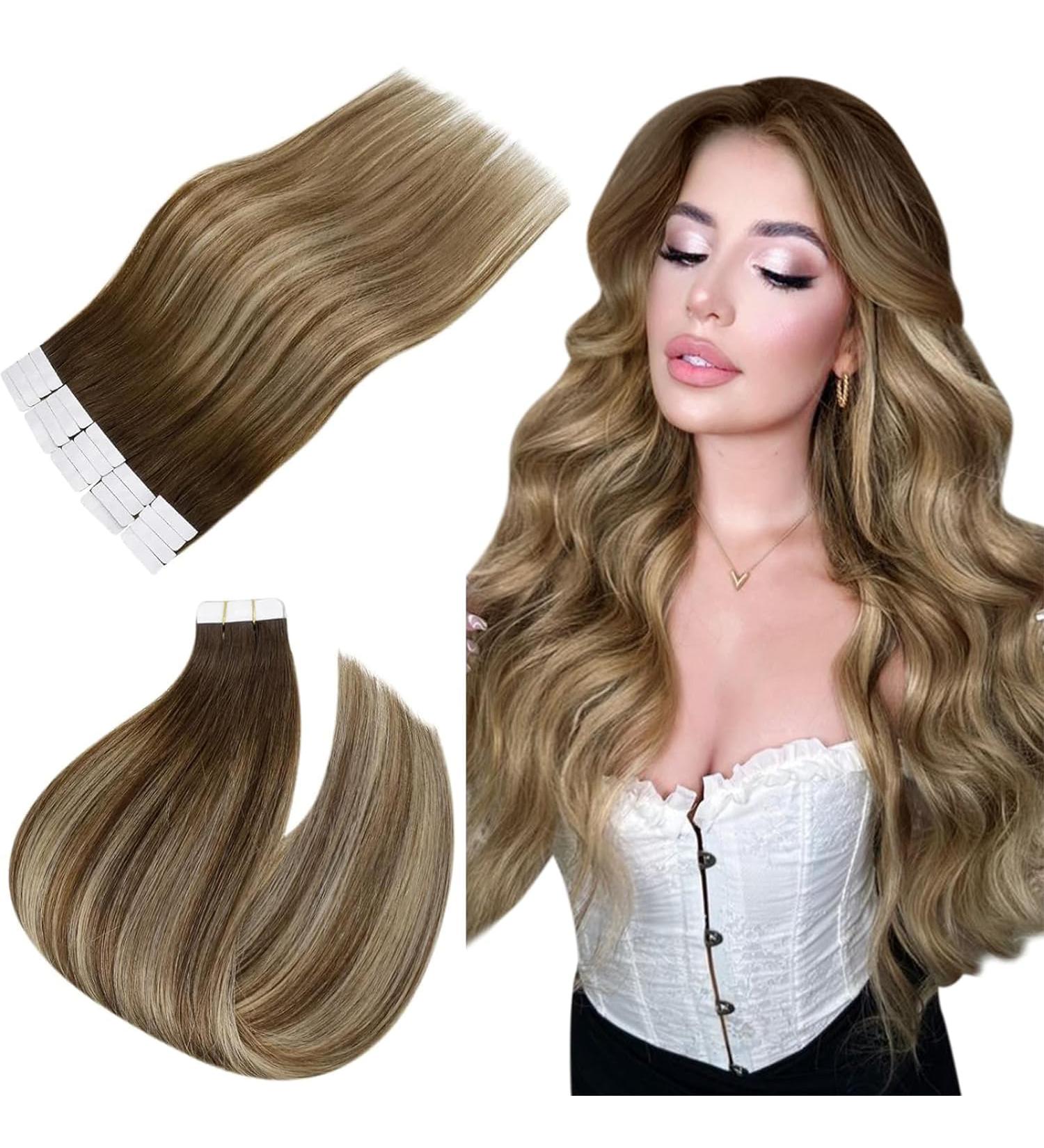 Easyouth Remy Tape Extensions - Balayage Real Hair 50g 60cm | Mittelbraun & Honey Blond Mix - Premium Quality Tape-in Hair Extensions - Buy Online on GoSupps.com