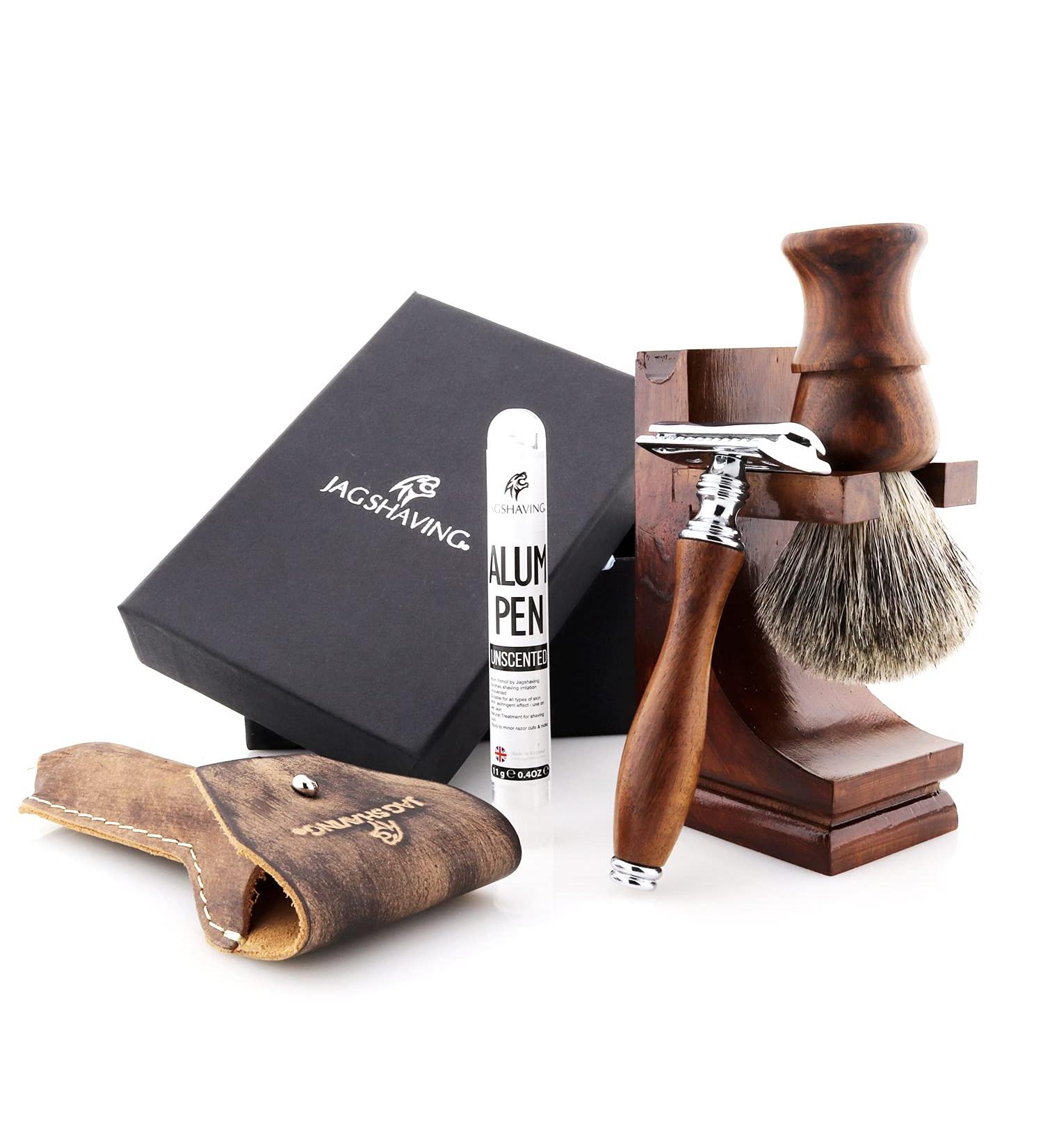 JAG Sustainable 4-Part Shaving Razor Set - Wooden Handle Super Soft Brush Double Edge Blades & Leather Bag | Eco-Friendly Grooming Solution - Buy Online on GoSupps.com