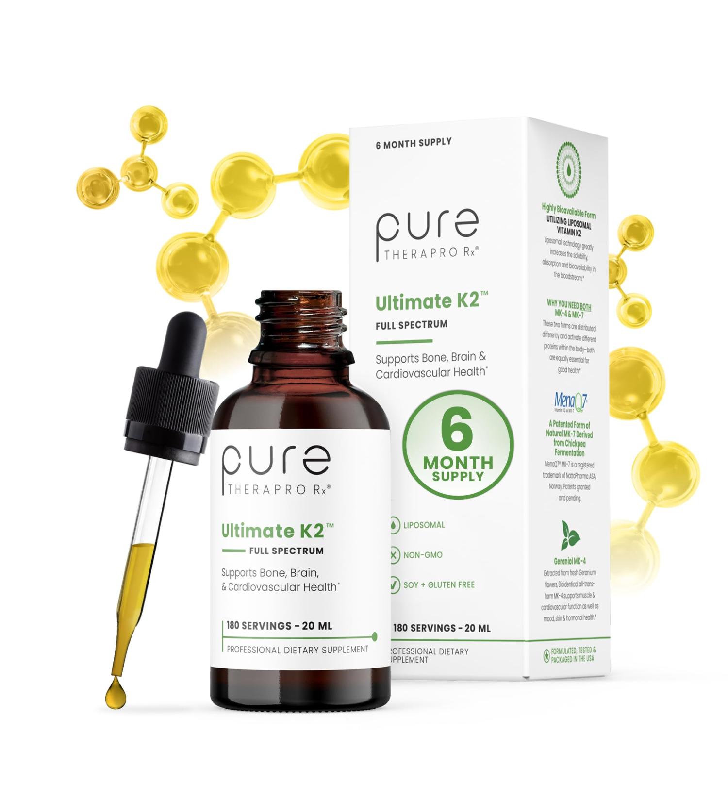 Pure Therapro Rx Ultimate K2 Supplement | Liquid Liposomal Vitamin K2 Drops | 180 Serving | 600mcg Vegan K2 as MK4 & MenaQ7 MK7 | Supports Bone Health Heart Health Skin & Hair | 20 mL 0.68 Fl Oz (Pack of 1) - Buy Online on GoSupps.com