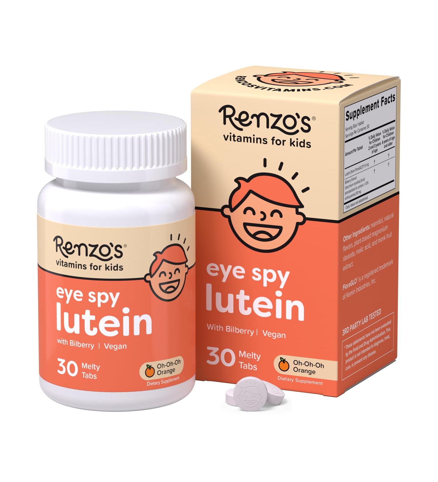 Renzo's Eye Spy Lutein with Bilberry Extract Dissolvable Kids Vitamins for Eye Health Sugar-Free Supplements 30 Orange-Flavored Melty Tabs - Buy Online on GoSupps.com