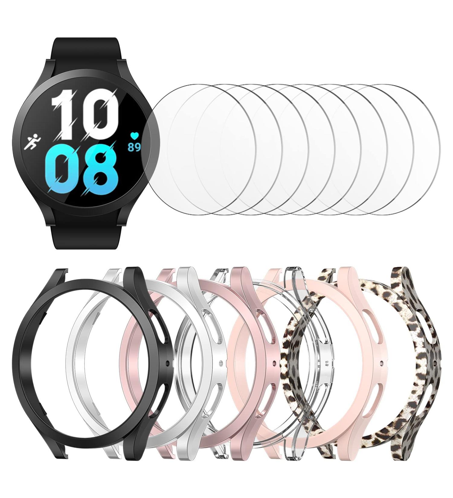 Samsung Galaxy Watch 5/4 40mm Screen Protector Case + Tempered Glass Film Set - 6 Pack Hard PC Cover + 8 Pack Protective Bumper Shell - Black, Silver, Pink, Clear, Rose Gold, Leopard - Buy Online on GoSupps.com