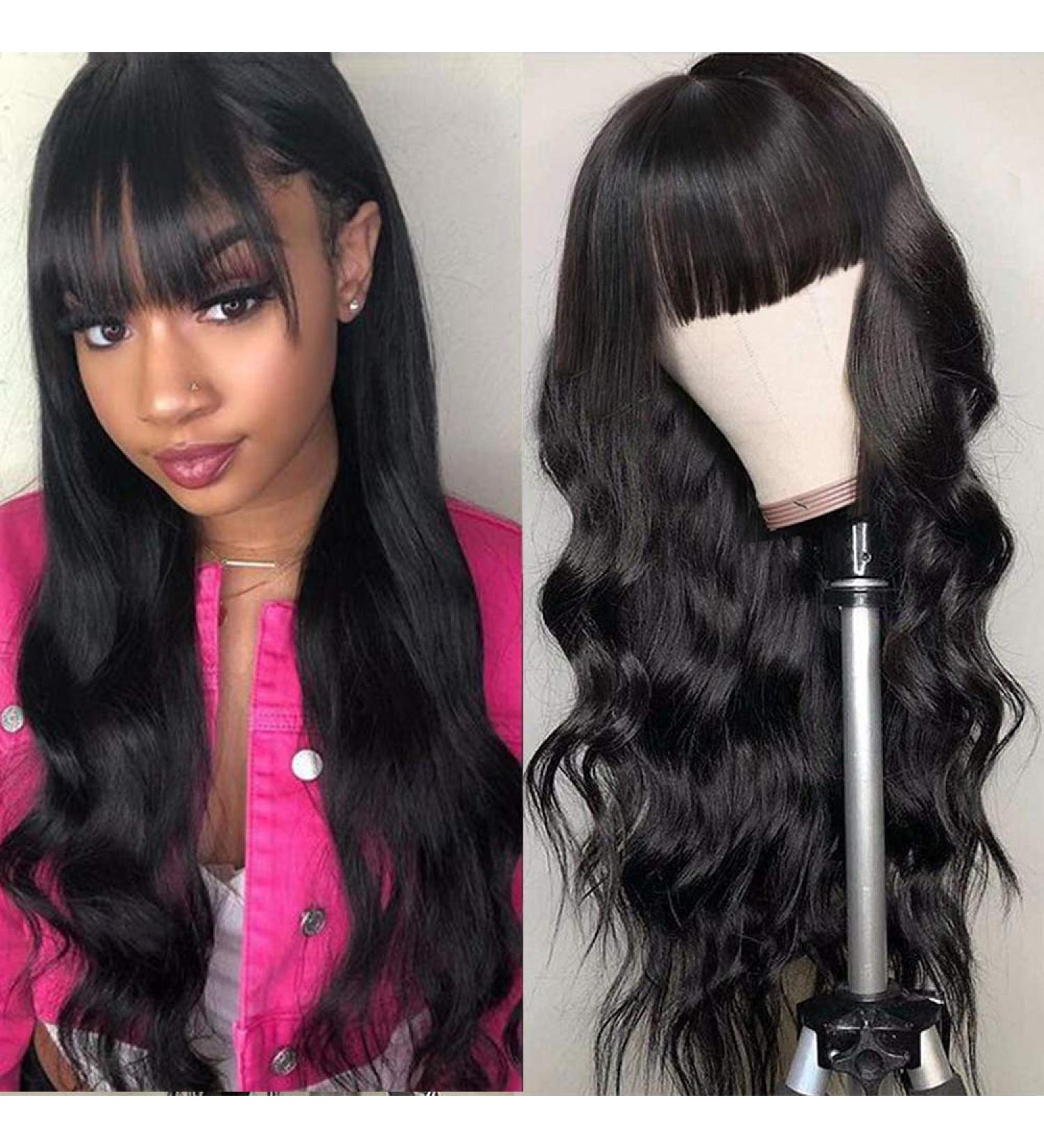 Body Wave Wigs with Bangs - Virgin Brazilian Human Hair - 180% Density None Lace Front Wig for Black Women - Glueless Machine Made (18 inch) - Buy Online on GoSupps.com