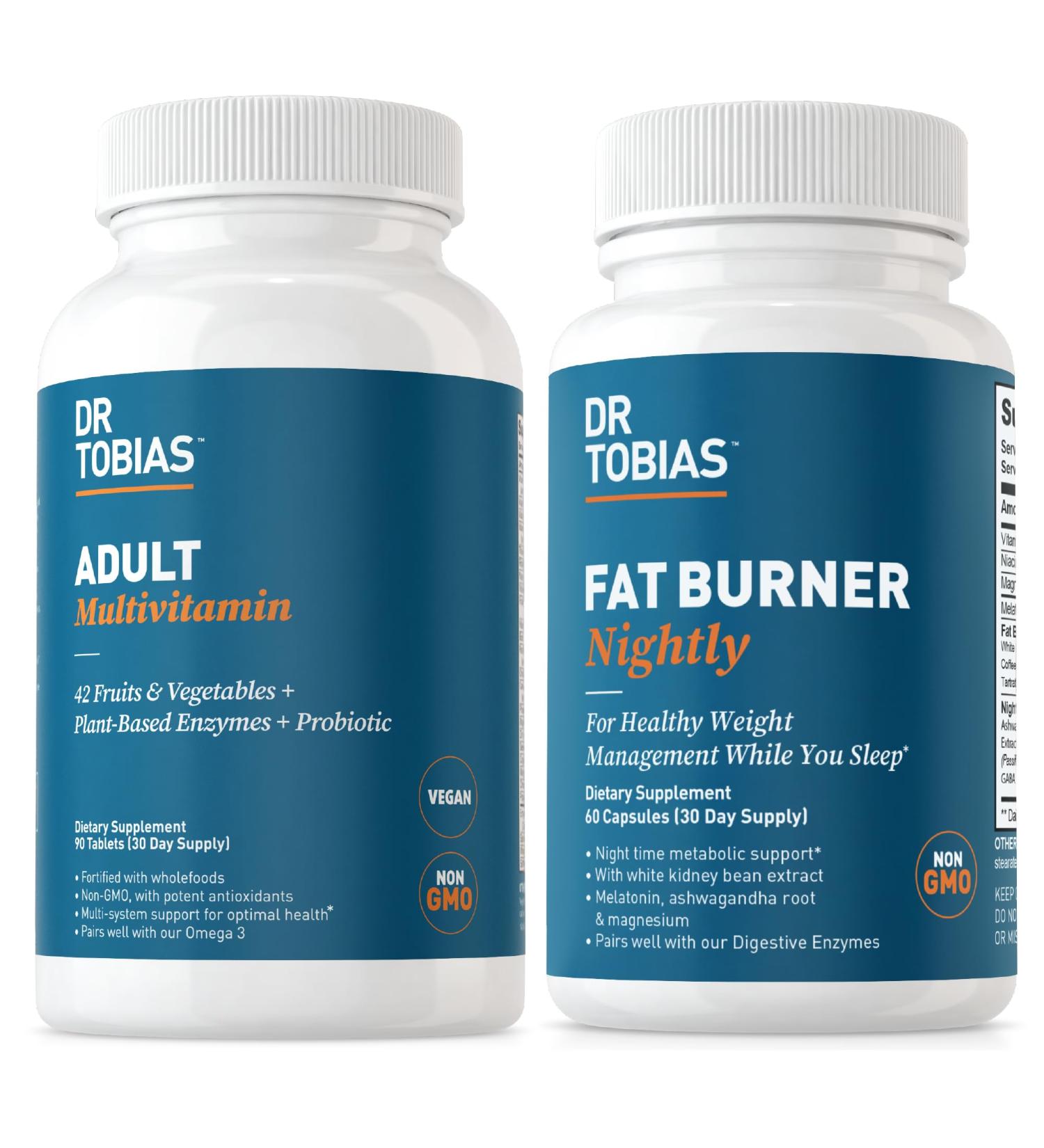 Dr. Tobias Fat Burner Nightly & Adult Multivitamin Supports Energy Immunity & Metabolism with Ashwagandha. 42 Fruits & Vegetables with Probiotics Green Coffee Bean Extract Non-GMO 30 Day Supply - Buy Online on GoSupps.com