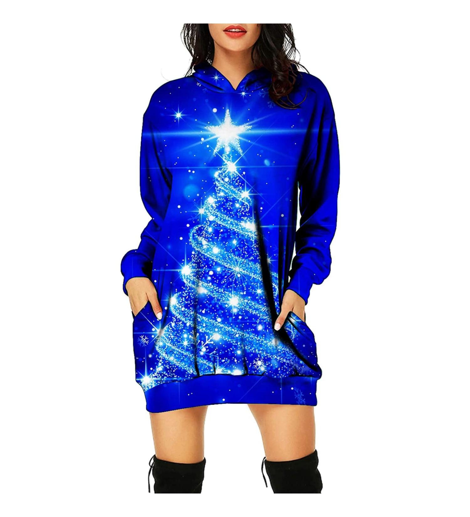 Shop Women's Christmas Elk Hooded Sweater Dress | Festive Cartoon Sweatshirt for Holiday Cheer - Buy Online on GoSupps.com
