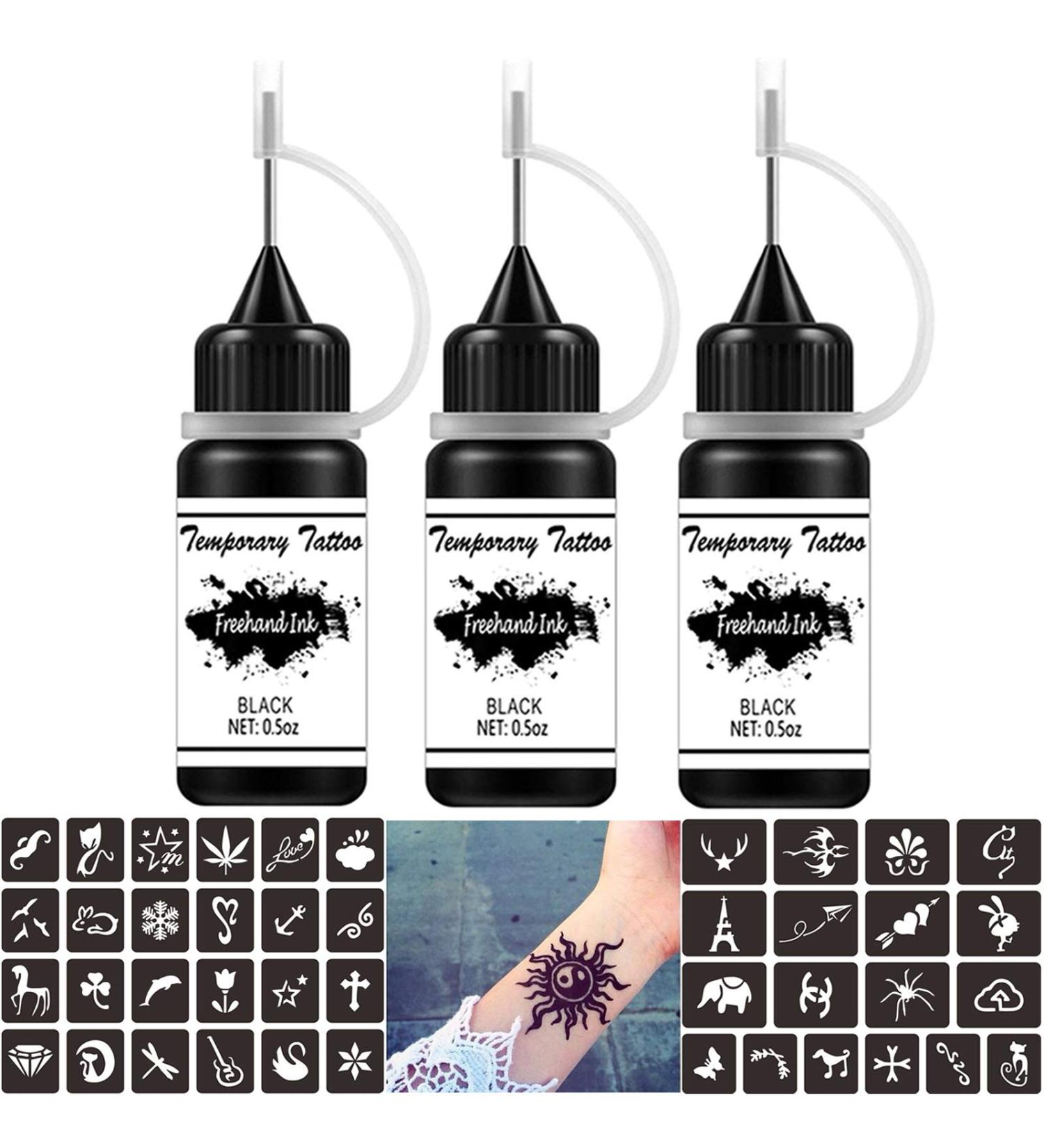 Freehand Ink Temporary Tattoo Kit - Jagua Gel Semi Permanent 3 Bottles Black 1.5oz with 30 Free Stencils for DIY Body Art - Temporary Tattoos for Women, Men, and Kids - Buy Online on GoSupps.com
