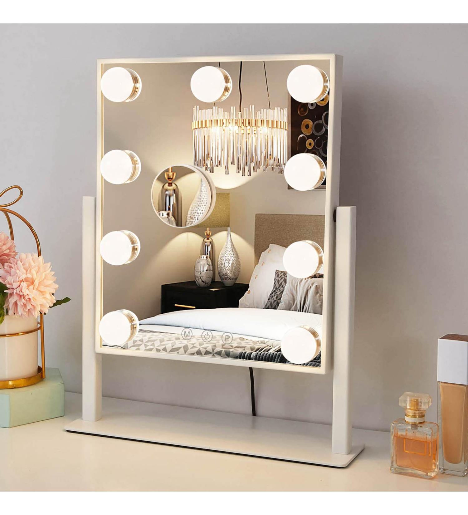 Hompoem Hollywood Vanity Mirror with 9 LED Bulbs & Touch Control Design - 3 Colors Dimmable, 10x Magnification, White - Buy Online on GoSupps.com