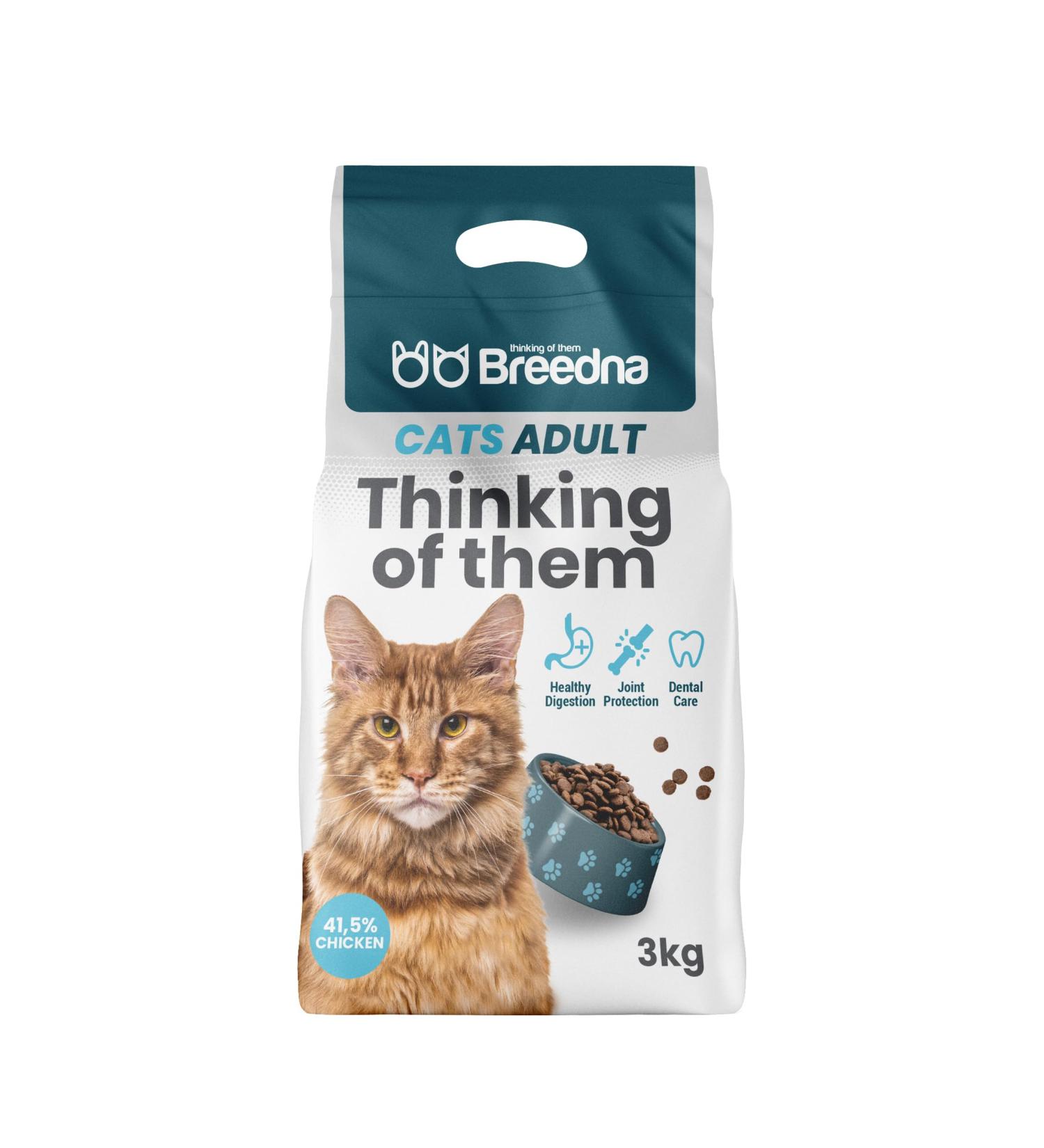 BREEDNA - Cat Adult 3kg | Cat Food with Dehydrated Chicken | Cat Food for Cardiac and Visual Health | Adult Cat Food - Buy Online on GoSupps.com