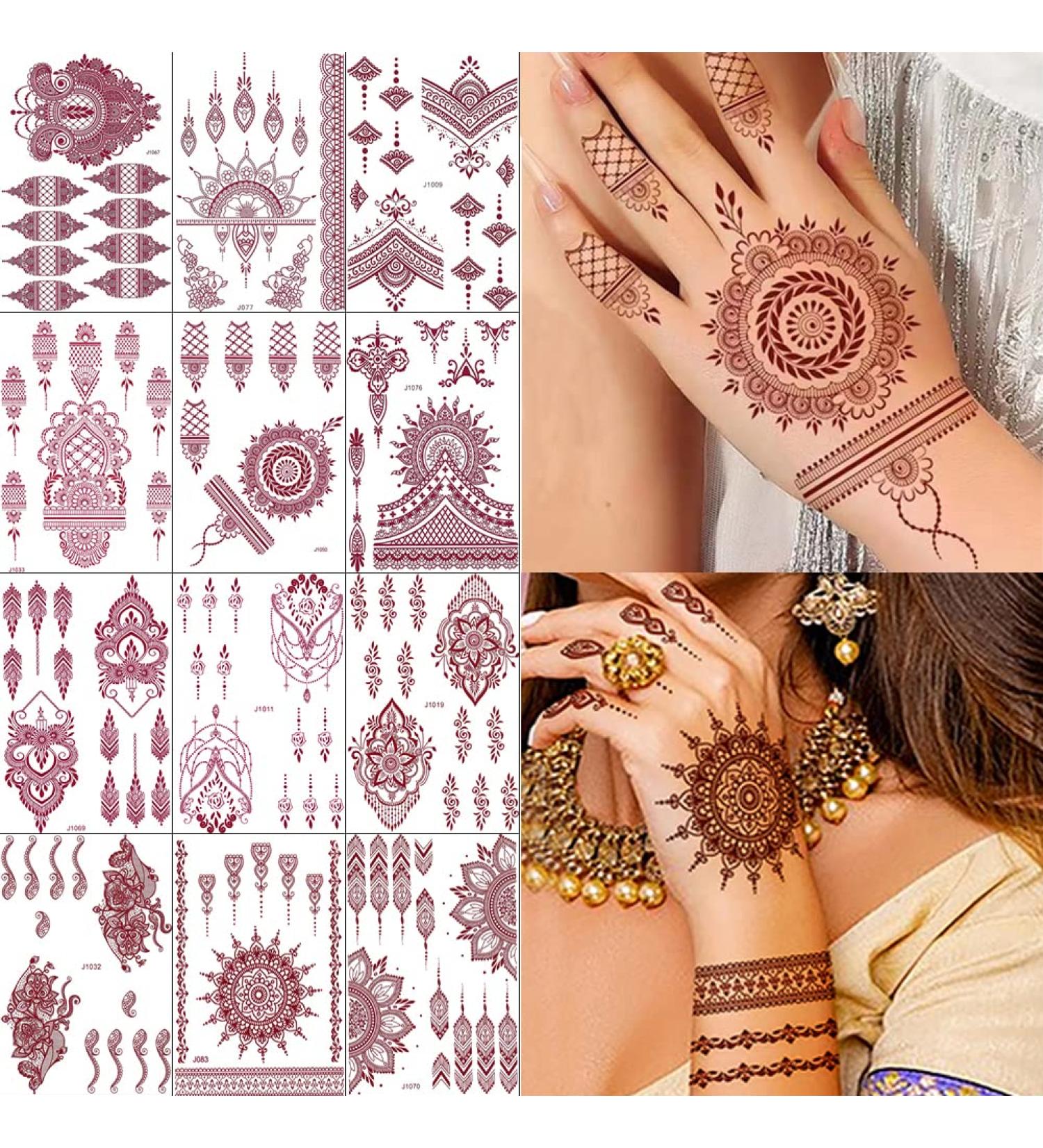 Xmasir 12 Sheets Brown Henna Tattoo Kit - Waterproof Stickers for Women | Wedding Party Henna Stickers in Brown - Buy Online on GoSupps.com