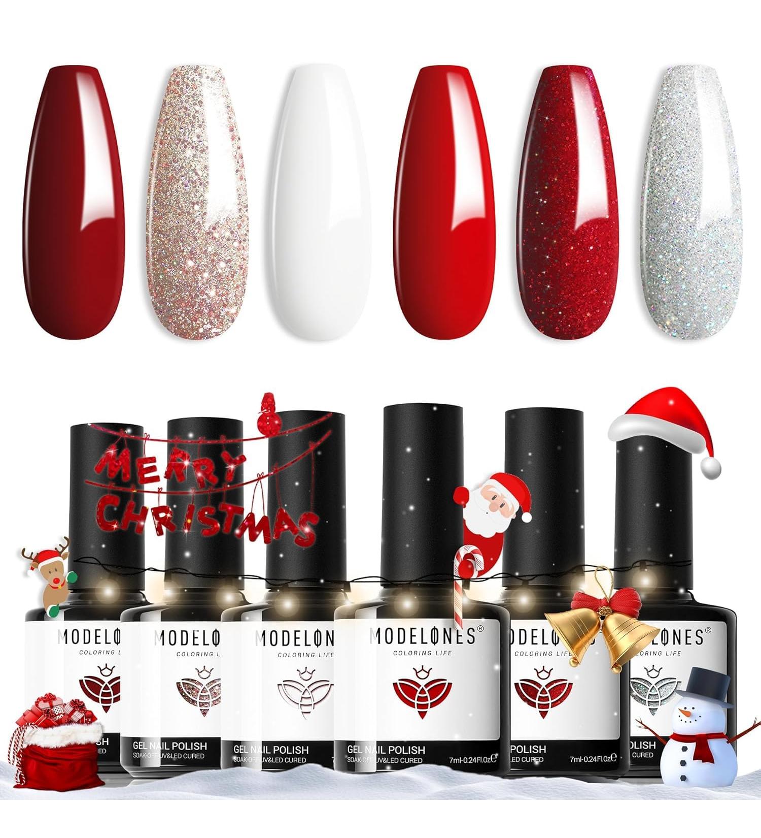 Modelones Gel Nail Polish 6 Colors White Glitter Winter Gel Nail Kit Sparkle Candy Cane Burgundy Dark Rose Champagne Silver Soak Off U V Gel Nail Art Manicure DIY Valentine s Day Gifts for Women Glitter Silver - Buy Online on GoSupps.com