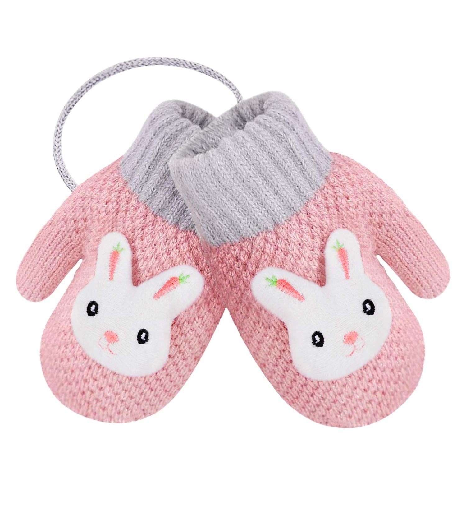 Cute Fox Knitting Short Gloves for Toddler Kids | Winter Thermal Plush Lining | 1-3 Yrs | Pink/3D Rabbit Design - Buy Online on GoSupps.com
