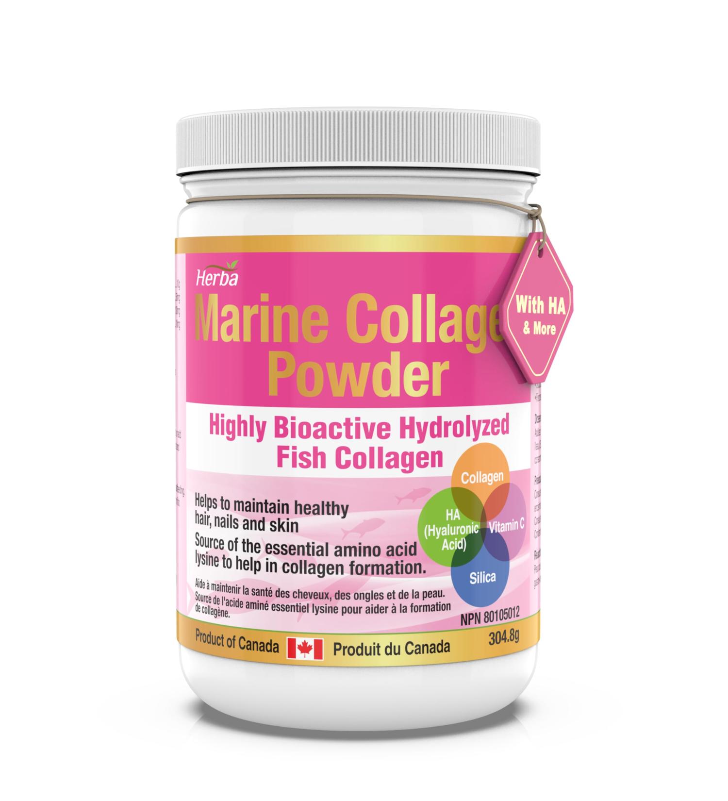 Marine Collagen Powder with Hyaluronic Acid Vitamin C and Silica 305g | Hydrolyzed Collagen Peptides | Type I Marine Collagen Powder for Women & Men | Maintain Healthy Skin Hair and Nail | Herba - Made in Canada - Buy Online on GoSupps.com
