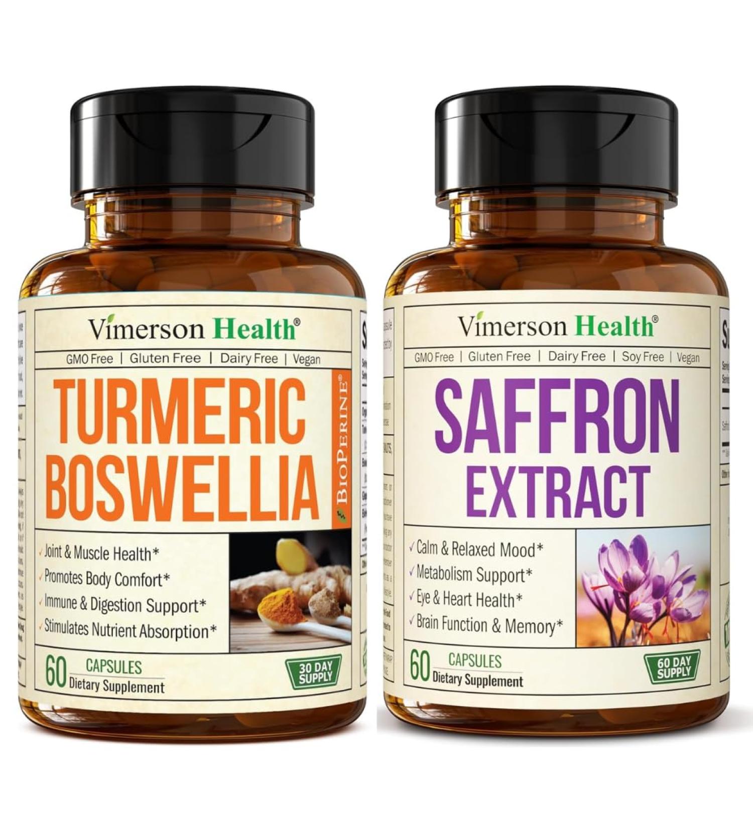 Boswellia Turmeric Curcumin Supplement + Pure Saffron Supplements for Women & Men Bundle Supports Joint Health Mood & Calm Eye Health with Ginger Root Organic Turmeric Powder Saffron Extract - Buy Online on GoSupps.com