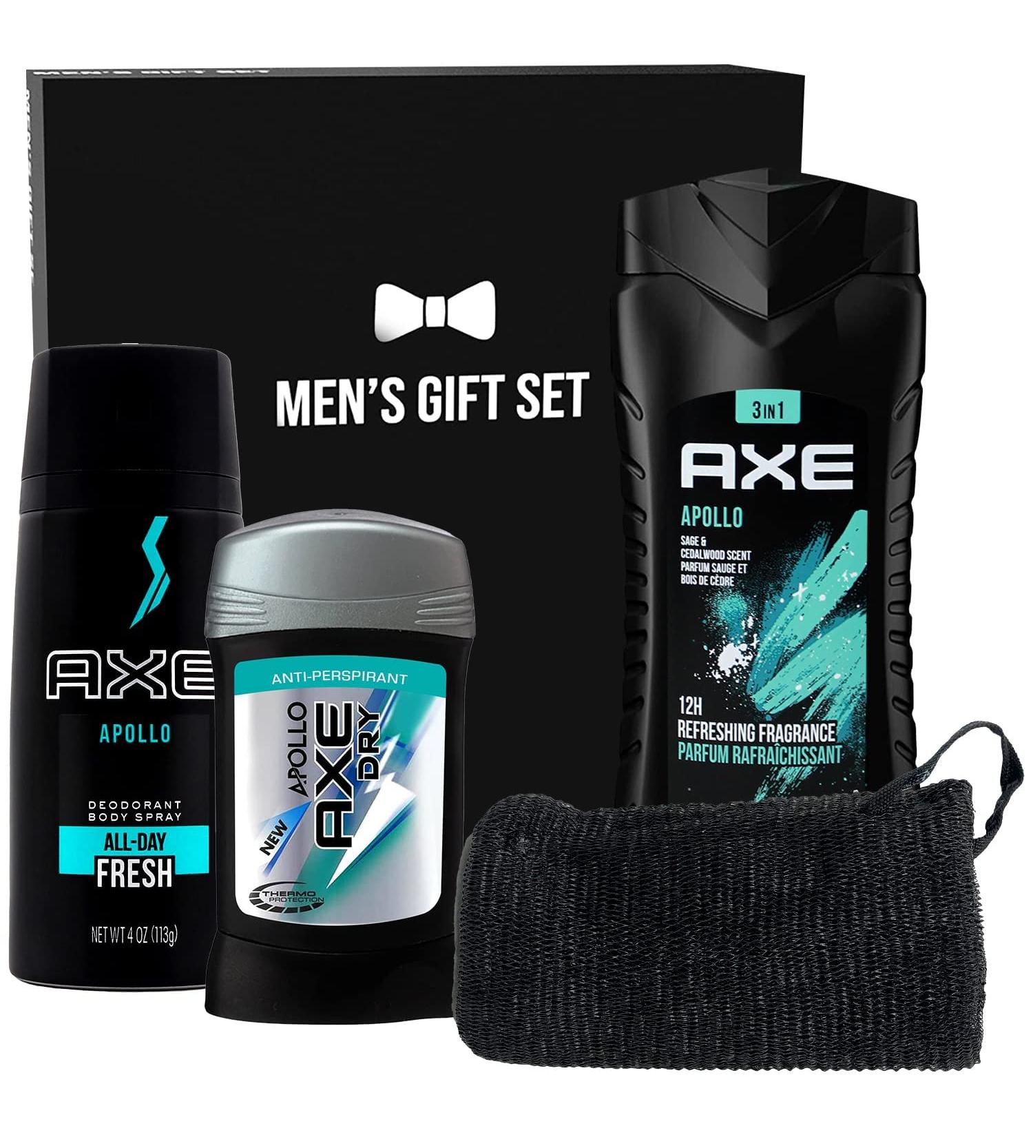 Axe Men's Gift Set for Him, Includes Axe Men Apollo Body Wash, Axe Men Apollo Body Spray, Axe Apollo Deodorant and Shower Mitt in Gift Box, Perfect for Valentine's Day Him Dad Fathers Man Boyfriend Axe Apollo Set