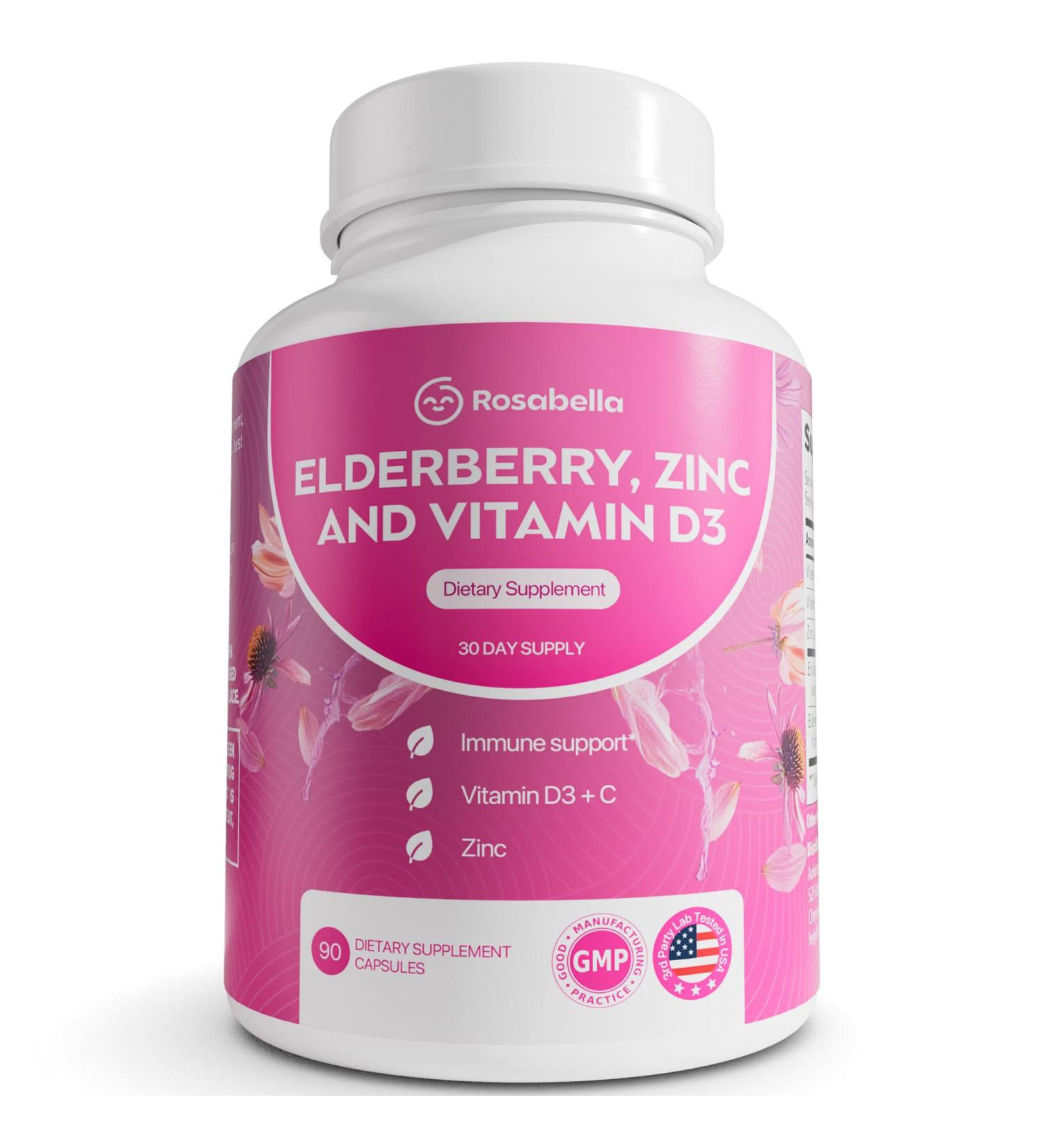 Rosabella Elderberry Zinc & Vitamin D3 Capsules Elderberry Supplement with Echinacea Vitamin C & Zinc Immune Support Supplement for Daily Wellness Vegan Capsules 90 Count (Pack of 1) - Buy Online on GoSupps.com