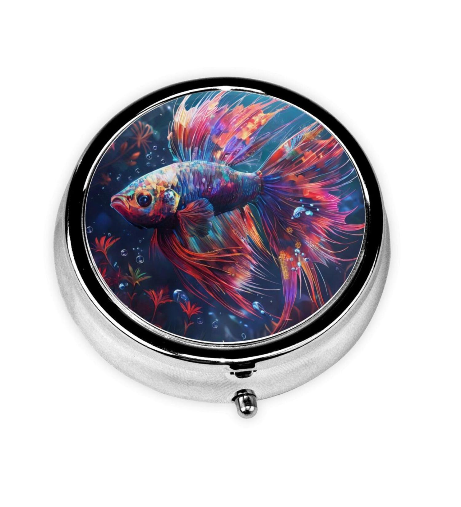 Colorful Fish & Flowers Portable Pill Box - Round Mini 3-Compartment Metal Container for Small Pills | Ideal Travel Accessory - Buy Online on GoSupps.com