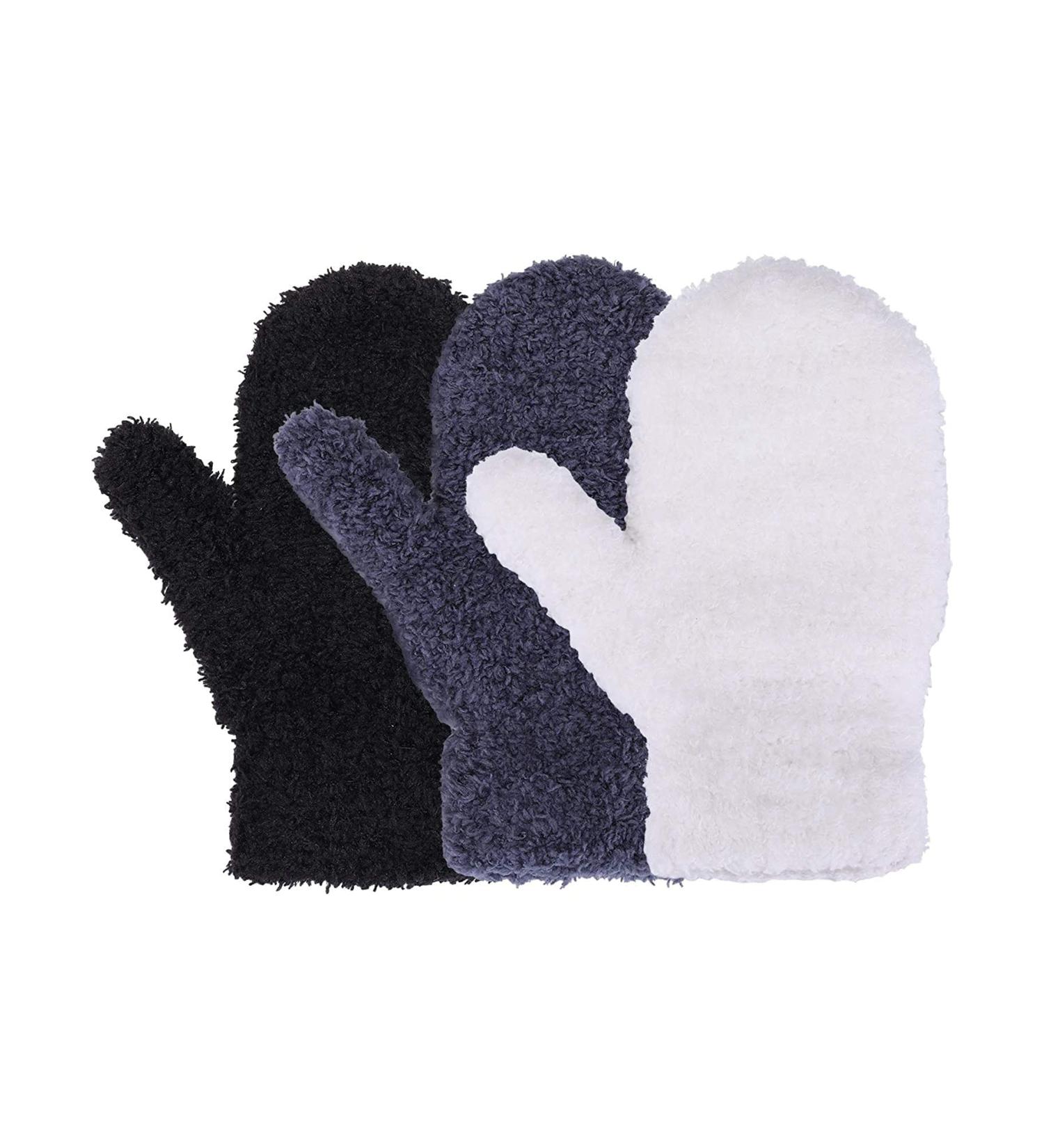 3 Pairs Kids Winter Mittens for Baby Boys Girls 5-10 Years - Soft Knit Stretch Gloves in Black, White, Dark Gray - Buy Online on GoSupps.com