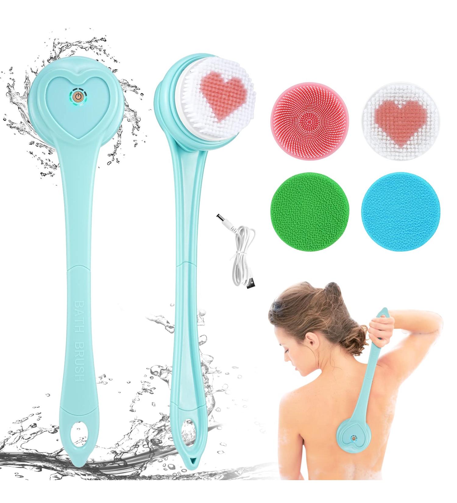 Electric Body Bath Brush with 5 Rotating Heads for Shower | Rechargeable Silicone Scrubber for Exfoliating Massage | Long Handle Back Brush for Women Men (Blue) - Buy Online on GoSupps.com