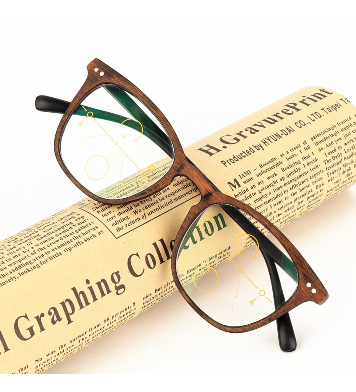 Pakmez Progressive Multifocal Reading Glasses +2.75 | Stylish Photochromic Dual-Use UV Protection for Men & Women - Brown Wood Grain - Buy Online on GoSupps.com