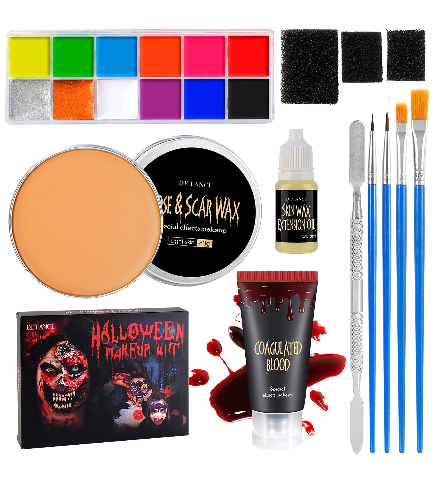 DE'LANCI Halloween SFX Makeup Kit for Zombie & Vampire | 12 Colors Scar Wax, Fake Blood, Extension Oil | Paint Brushes & Sponge Included - Buy Online on GoSupps.com