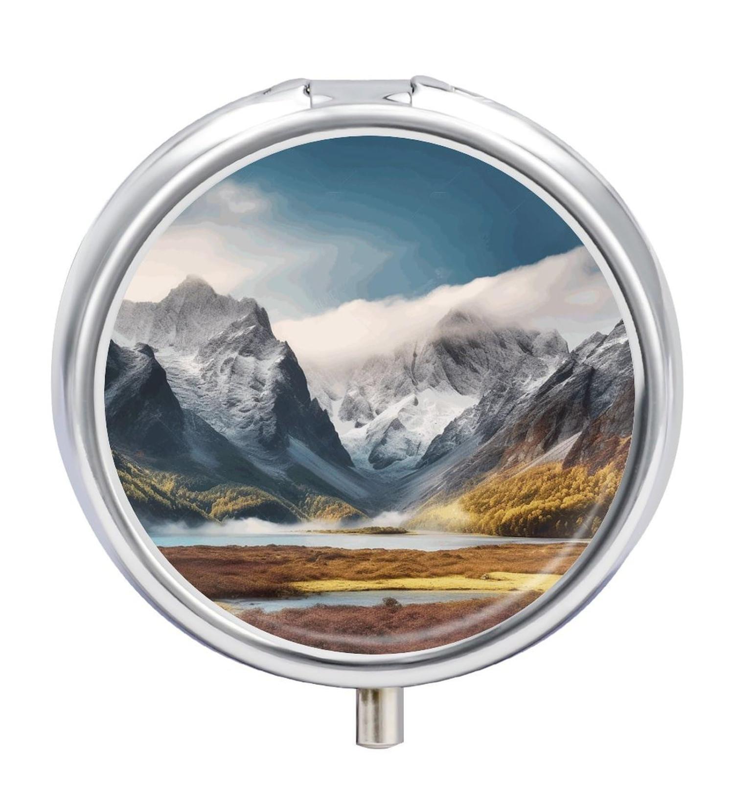 Round Pill Box Travel - Mountain Scenery Print | 3 Compartment Medicine Organizer | Decorative Metal Portable Pill Case - Style-9 - Buy Online on GoSupps.com