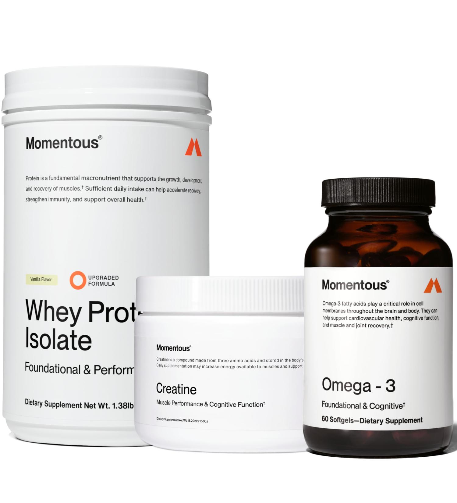 Momentous Three - Creatine Monohydrate Powder (30 Servings), Grass-Fed Whey Protein Powder (Vanilla) & Omega-3 Fish Oil 1600mg - Daily Essentials for Strength, Performance & Lean Muscle Recovery - Buy Online on GoSupps.com