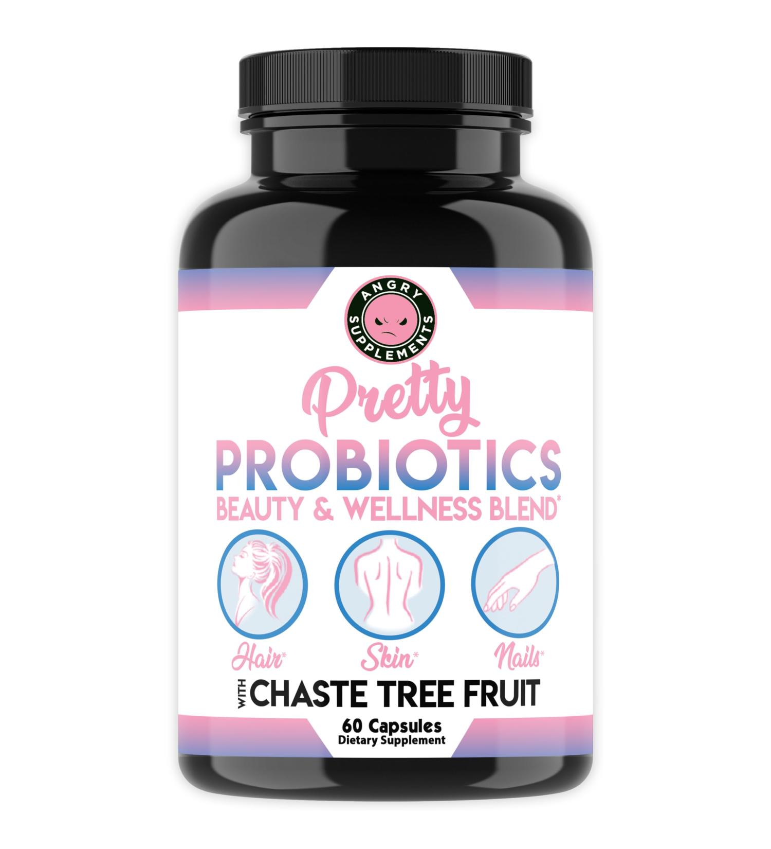 Angry Supplements Pretty Probiotics for Women Beauty & Wellness Blend to Support Hair Skin Nail & Gut Health: Zinc Chaste Tree Fruit Bifidobacterium & Lactobacillus 60 Capsules (1-Bottle) - Buy Online on GoSupps.com