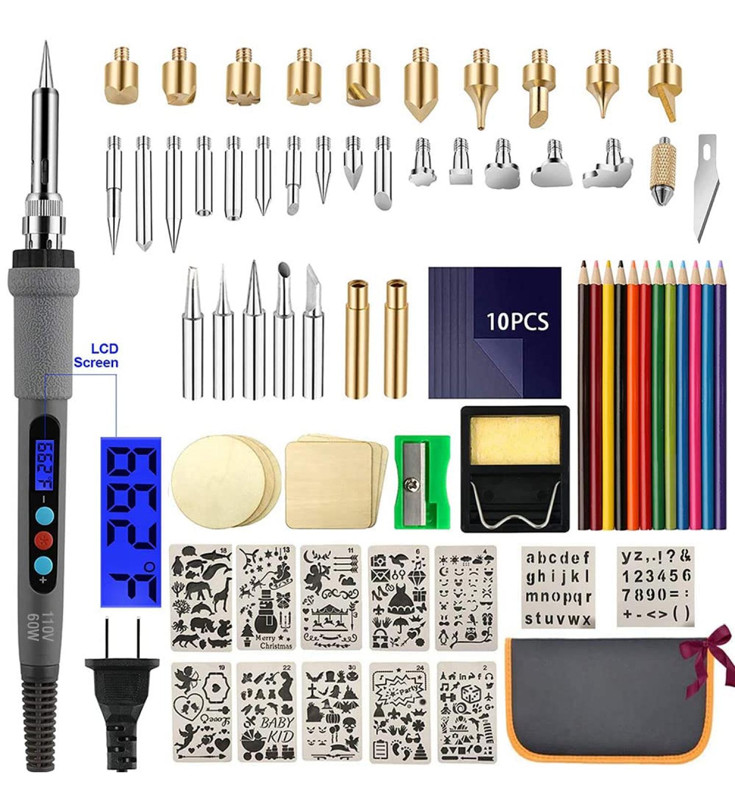 Aipudi Wood Burning Kit - 75Pcs with LCD Display & Adjustable Temperature | Soldering, Embossing, Carving Tips | Gray Carrying Case - Buy Online on GoSupps.com