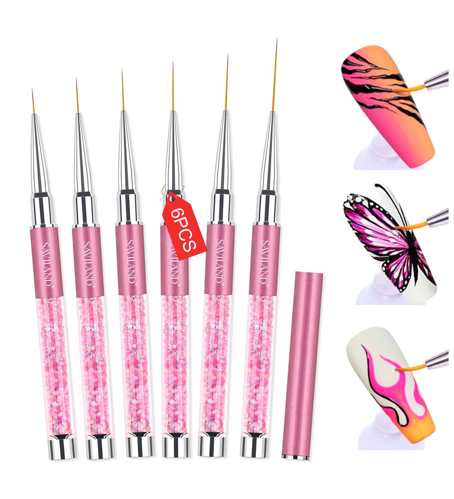 Saviland 6pcs Nail Art Liner Brushes Set with Crushed Diamond Rhinestone Handle - Nail Brush Gel Polish Painting Pen Set for Precise Nail Designs - Sizes 7/9/11/13/17/23mm | Pink - Buy Online on GoSupps.com