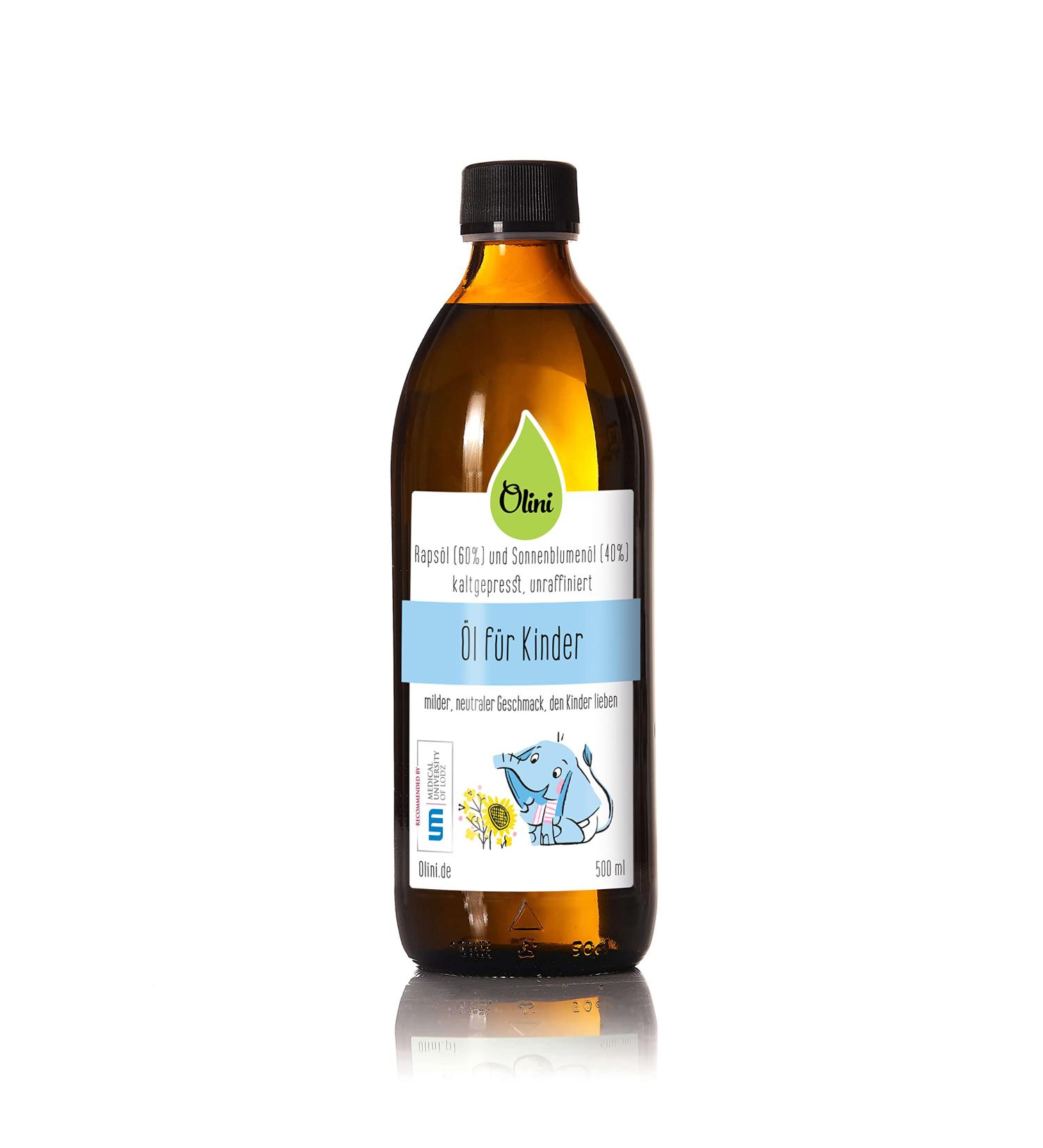 Olini Children's Oil - 500ml Glass Bottle | Cold Pressed Rapeseed & Sunflower Oil | Rich in Unsaturated Fatty Acids | Pure & Untreated - Buy Online on GoSupps.com