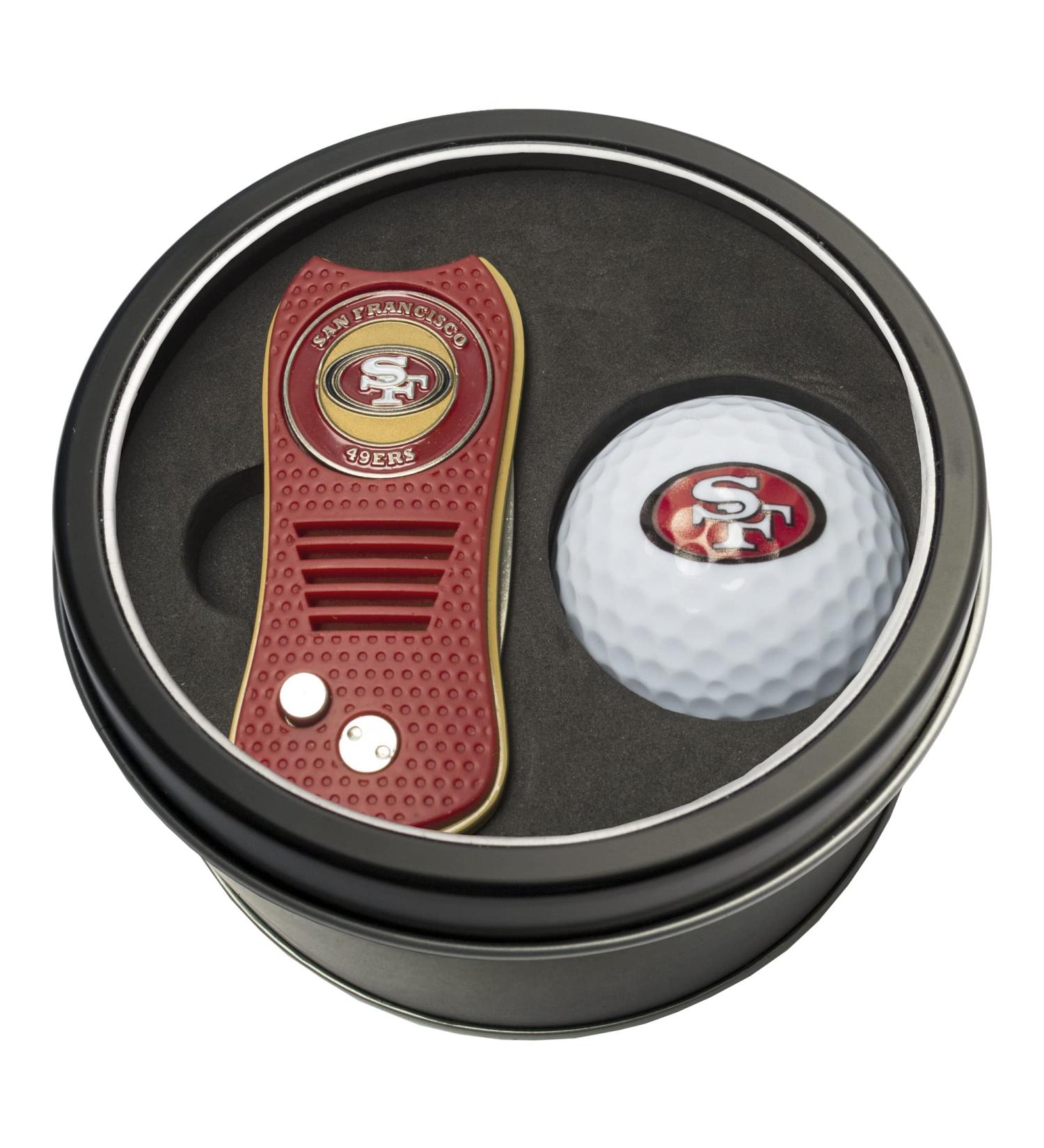 Team Golf NFL Gift Set Switchblade Divot Tool with Double-Sided Magnetic Ball Marker & Golf Ball, Patented Single Prong Design, Less Damage to Greens, Switchblade Mechanism San Francisco 49ers