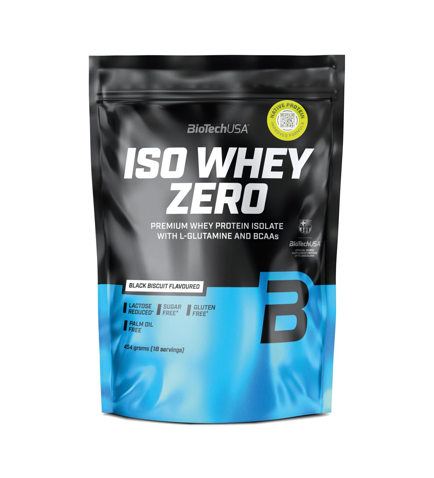 BioTechUSA Iso Whey Zero | Premium Whey Protein Isolate | Grass-Fed | Enzyme-Free | Sugar- and Gluten-free 454 g Black biscuit - Buy Online on GoSupps.com