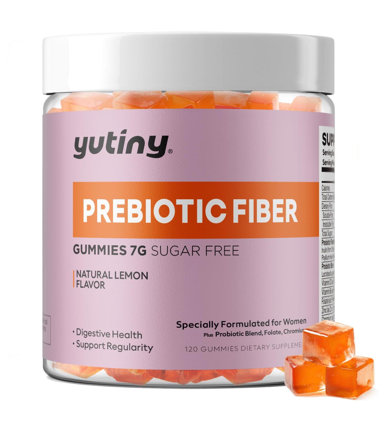 Yutiny Fiber Gummies for Women 7g High Prebiotic Fiber Supplement with Inulin Psyllium Husk Probiotics Folate Chromium Digestive Health & Regularity Vegan Sugar Free 120 Chews - Buy Online on GoSupps.com