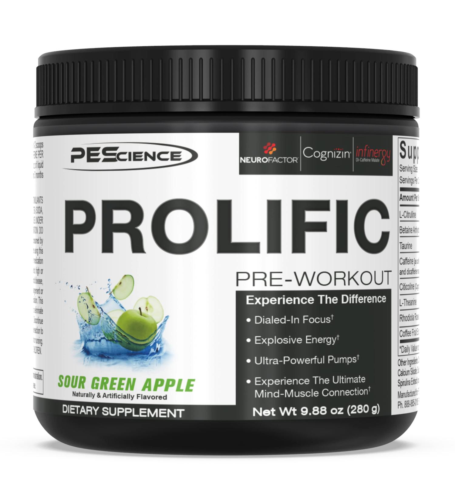 PEScience Prolific Pre Workout Powder Sour Green Apple 40 Scoops - Energy & Nitric Oxide Supplement - Buy Online on GoSupps.com