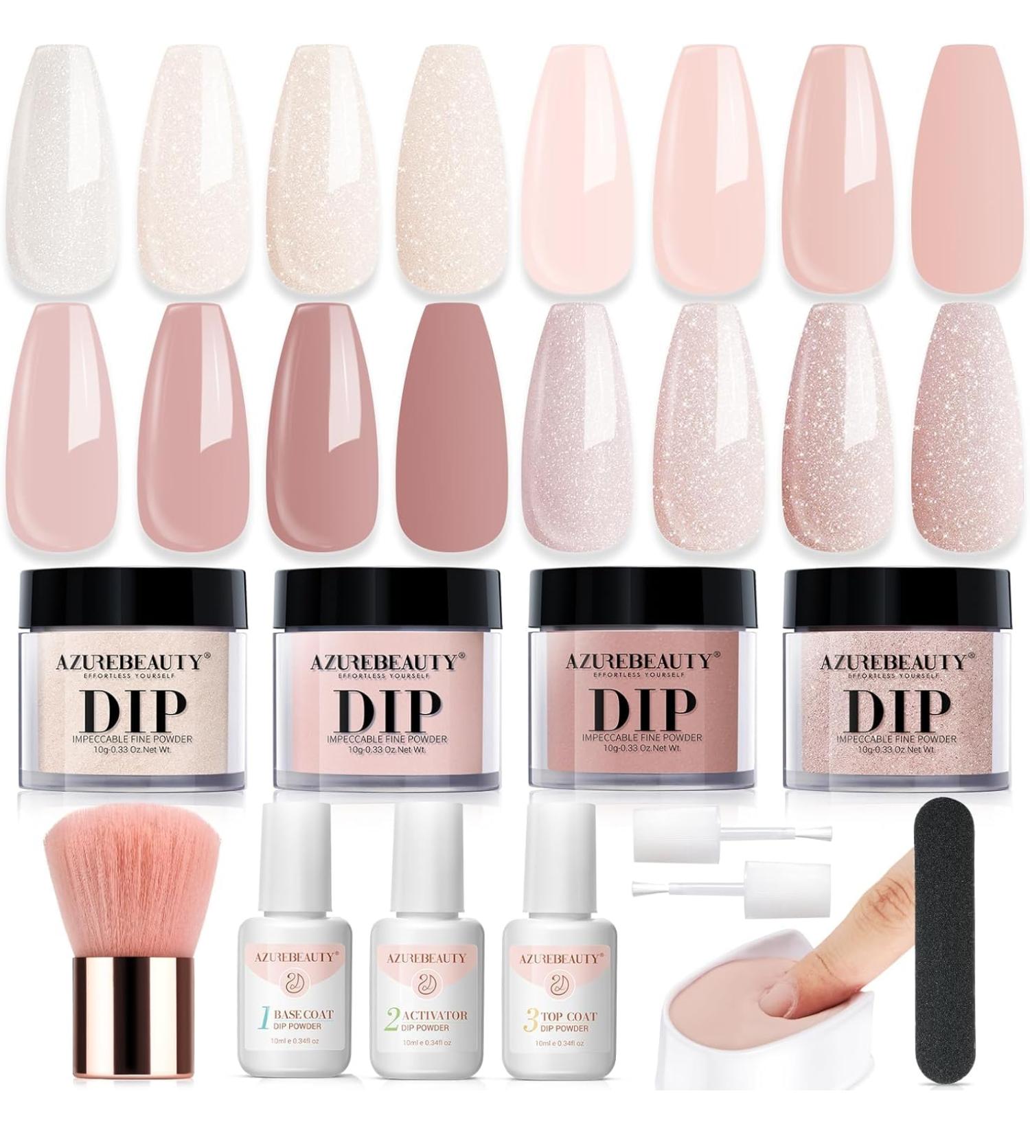 AZUREBEAUTY Dip Powder Nail Kit All Season Nude Skin Glitter 4 Colors Dipping Powder Liquid Set Recycling Tray with Base & Top Coat Activator for French Nail Art Manicure Salon DIY at Home - Buy Online on GoSupps.com